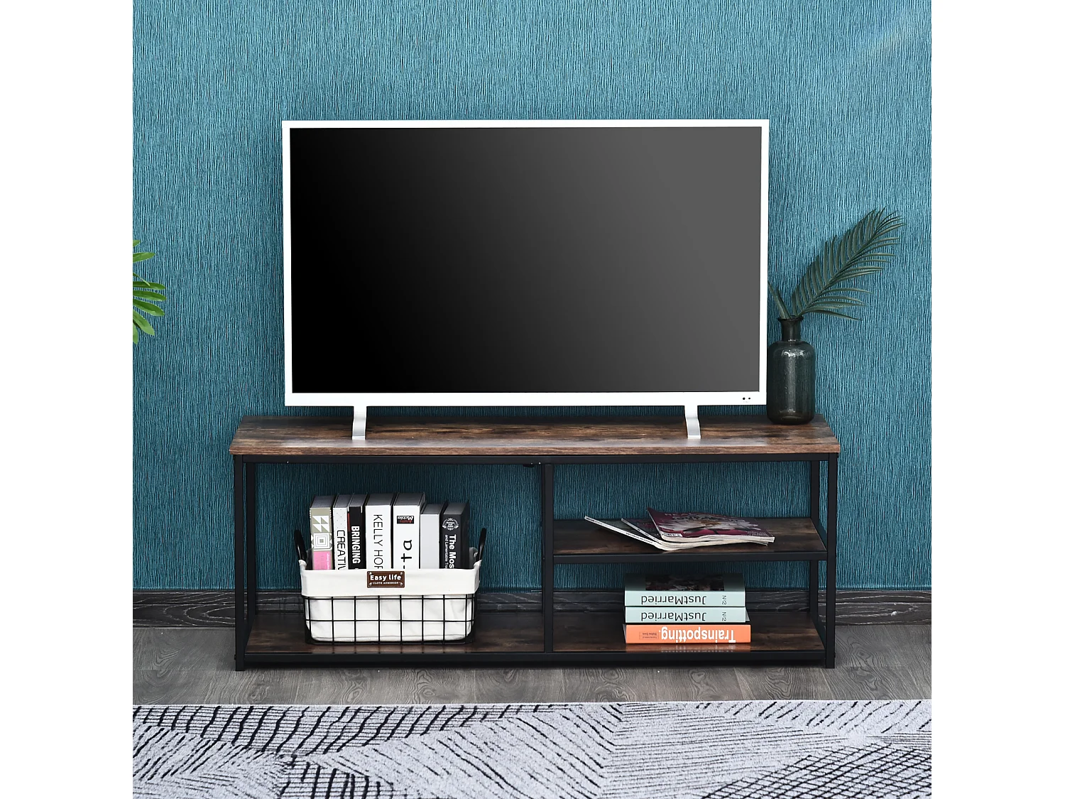 Meuble TV design industriel dim. 120L x 40l x 45H cm grand plateau 2 étagères panneaux particules coloris boisé métal noir