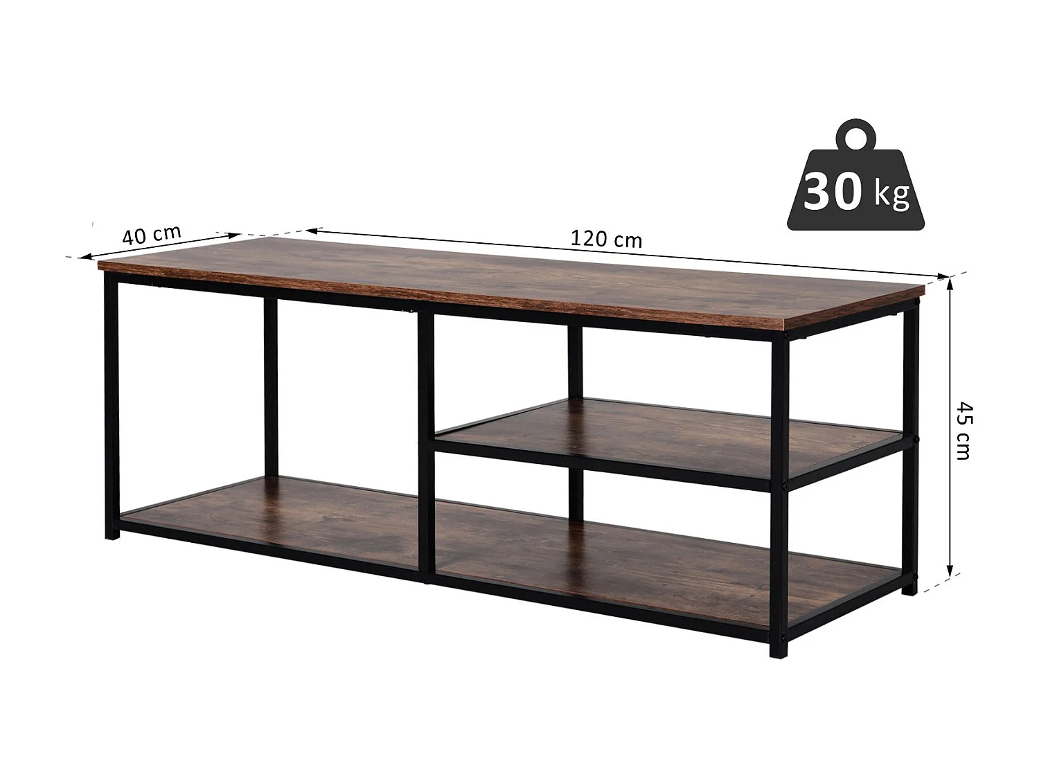 Meuble TV design industriel dim. 120L x 40l x 45H cm grand plateau 2 étagères panneaux particules coloris boisé métal noir