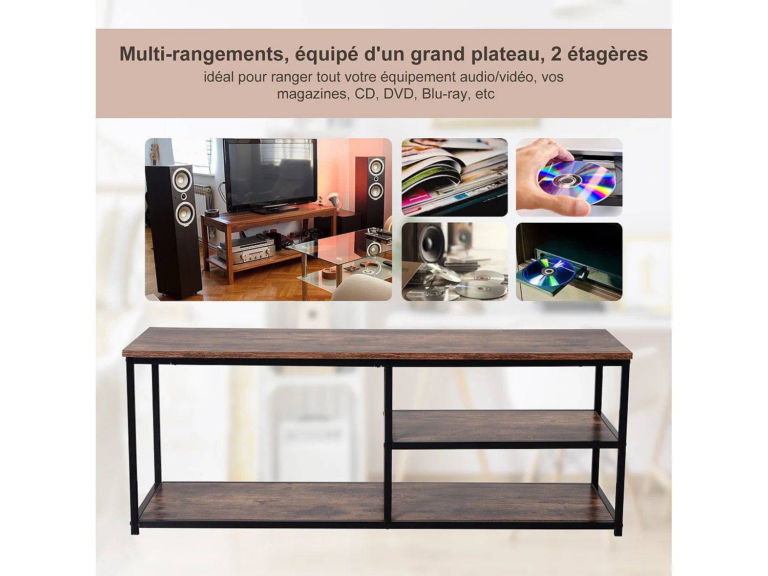 Meuble TV design industriel dim. 120L x 40l x 45H cm grand plateau 2 étagères panneaux particules coloris boisé métal noir