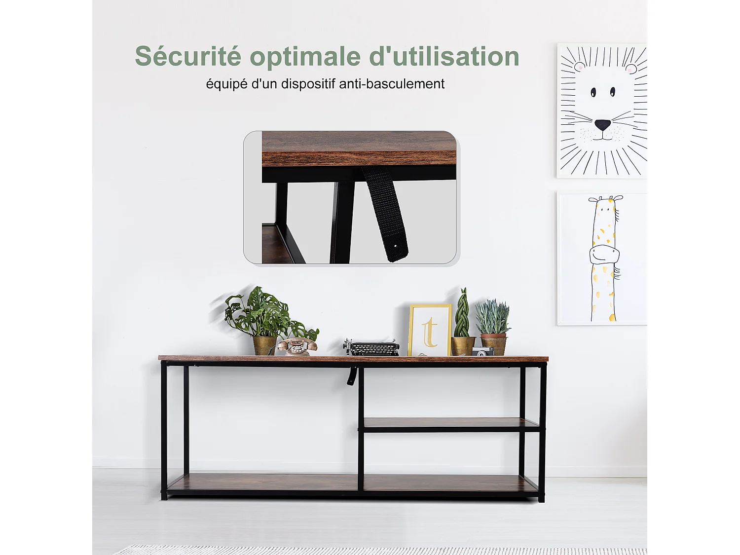 Meuble TV design industriel dim. 120L x 40l x 45H cm grand plateau 2 étagères panneaux particules coloris boisé métal noir