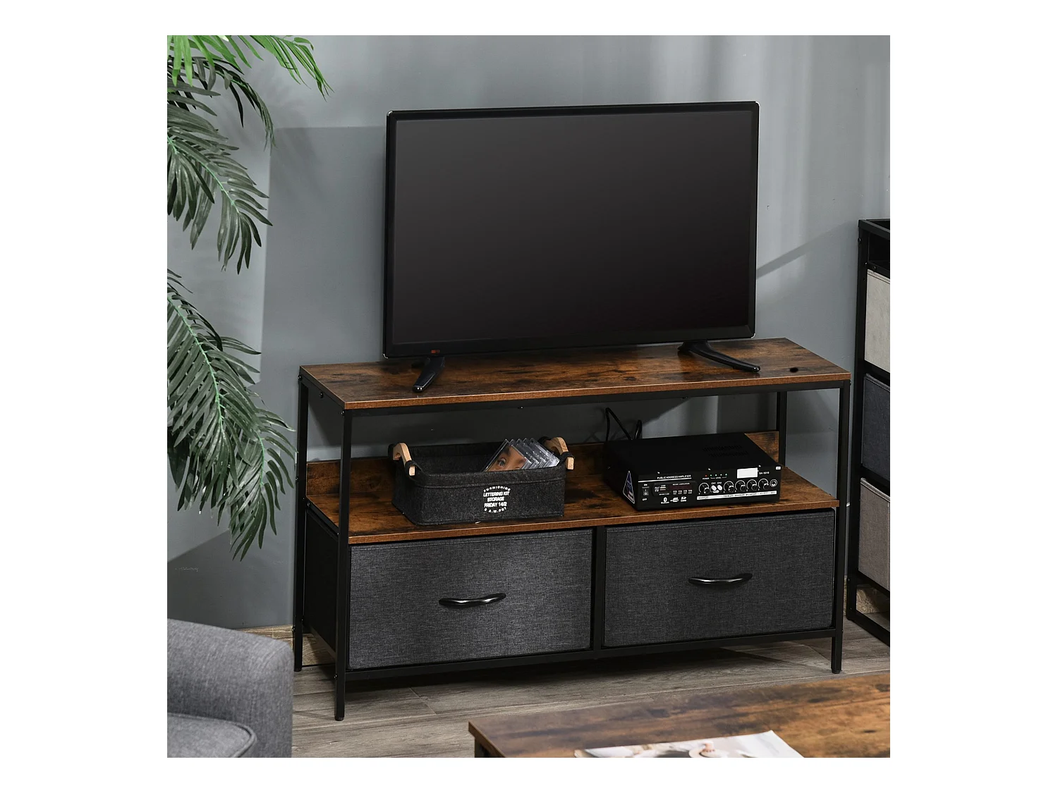Meuble TV bas sur pieds style industriel 2 tiroirs tissu gris acier MDF noir bois vieilli
