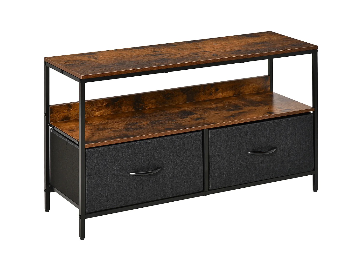 Meuble TV bas sur pieds style industriel 2 tiroirs tissu gris acier MDF noir bois vieilli