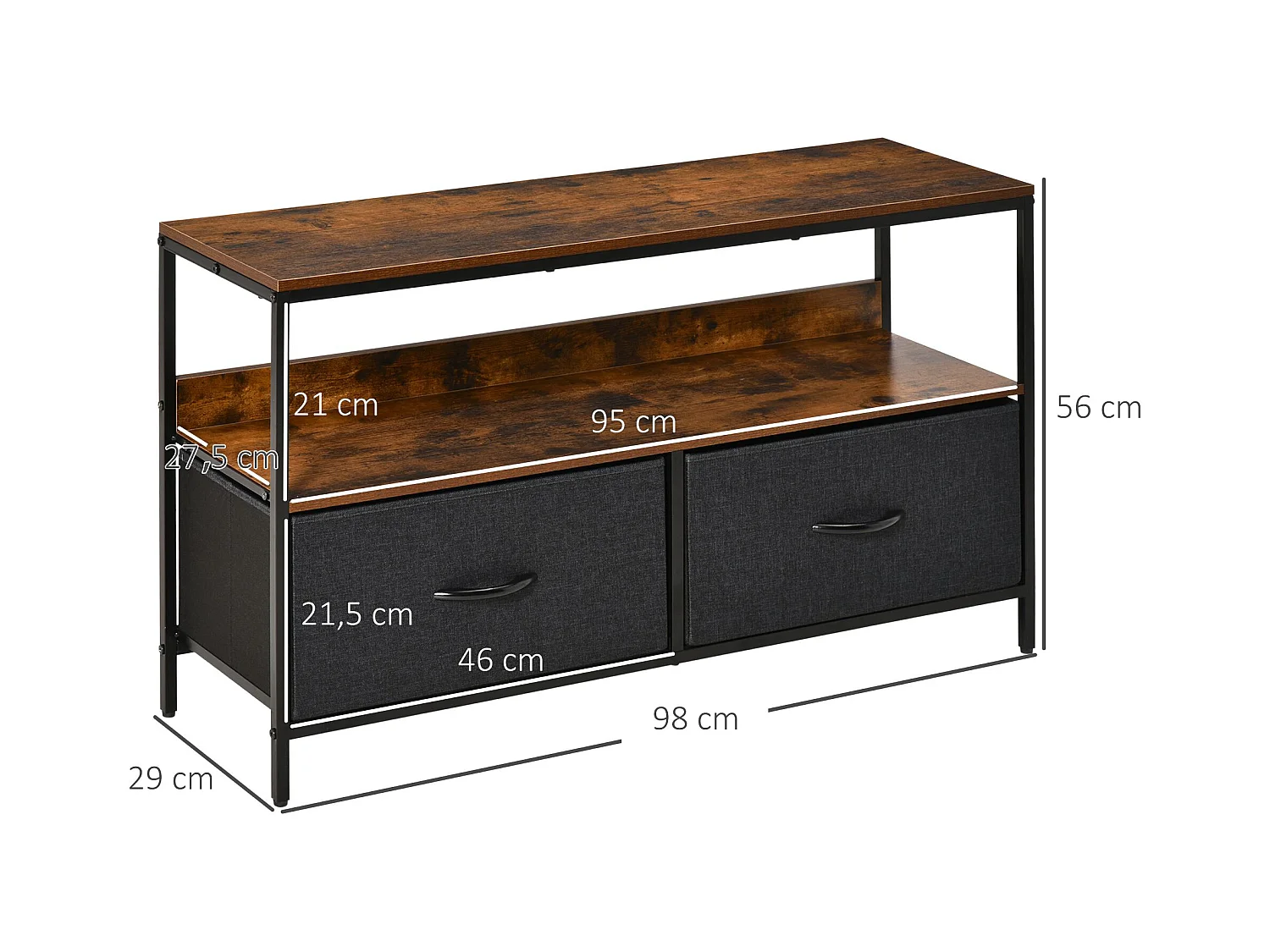 Meuble TV bas sur pieds style industriel 2 tiroirs tissu gris acier MDF noir bois vieilli