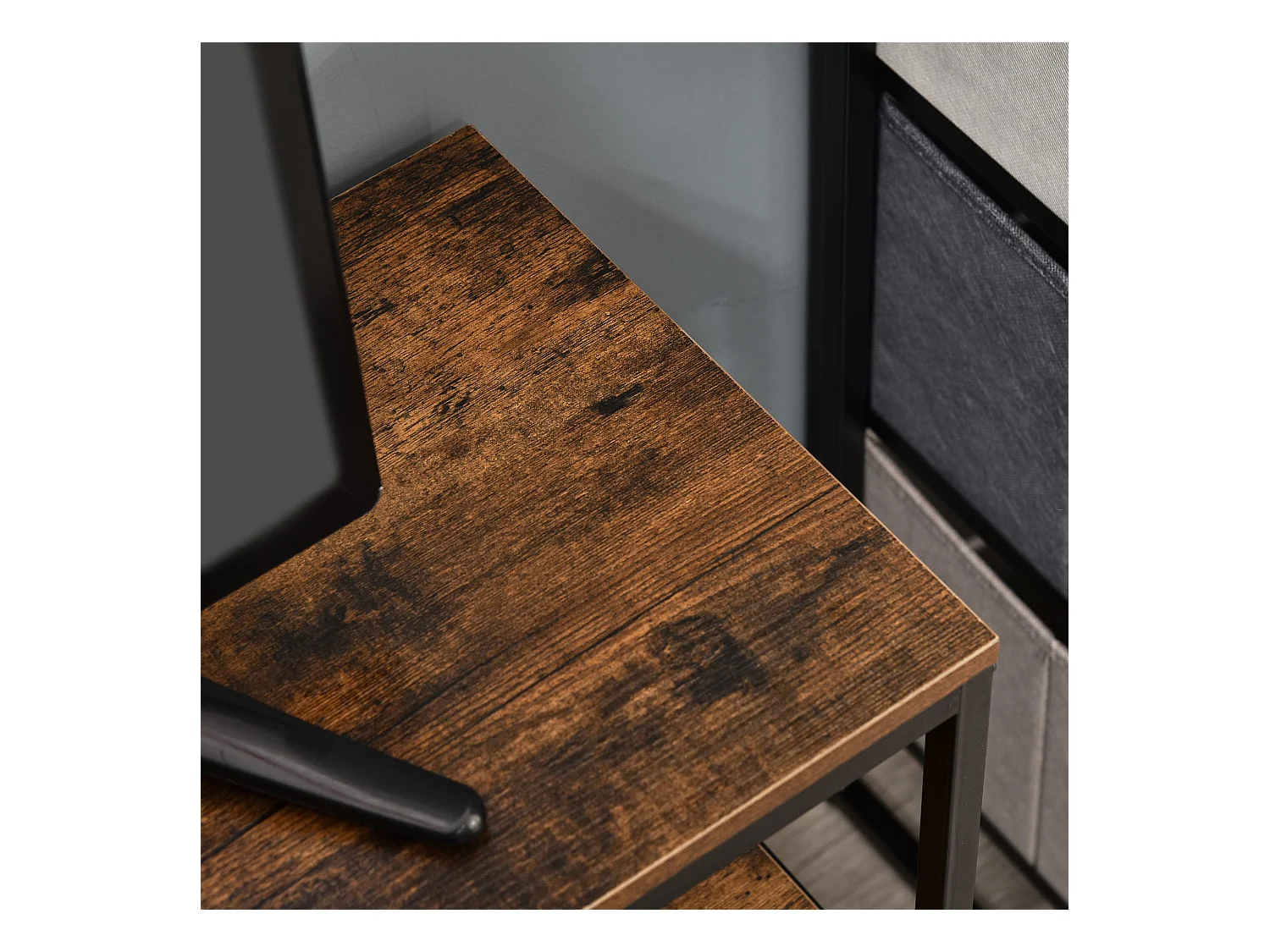 Meuble TV bas sur pieds style industriel 2 tiroirs tissu gris acier MDF noir bois vieilli