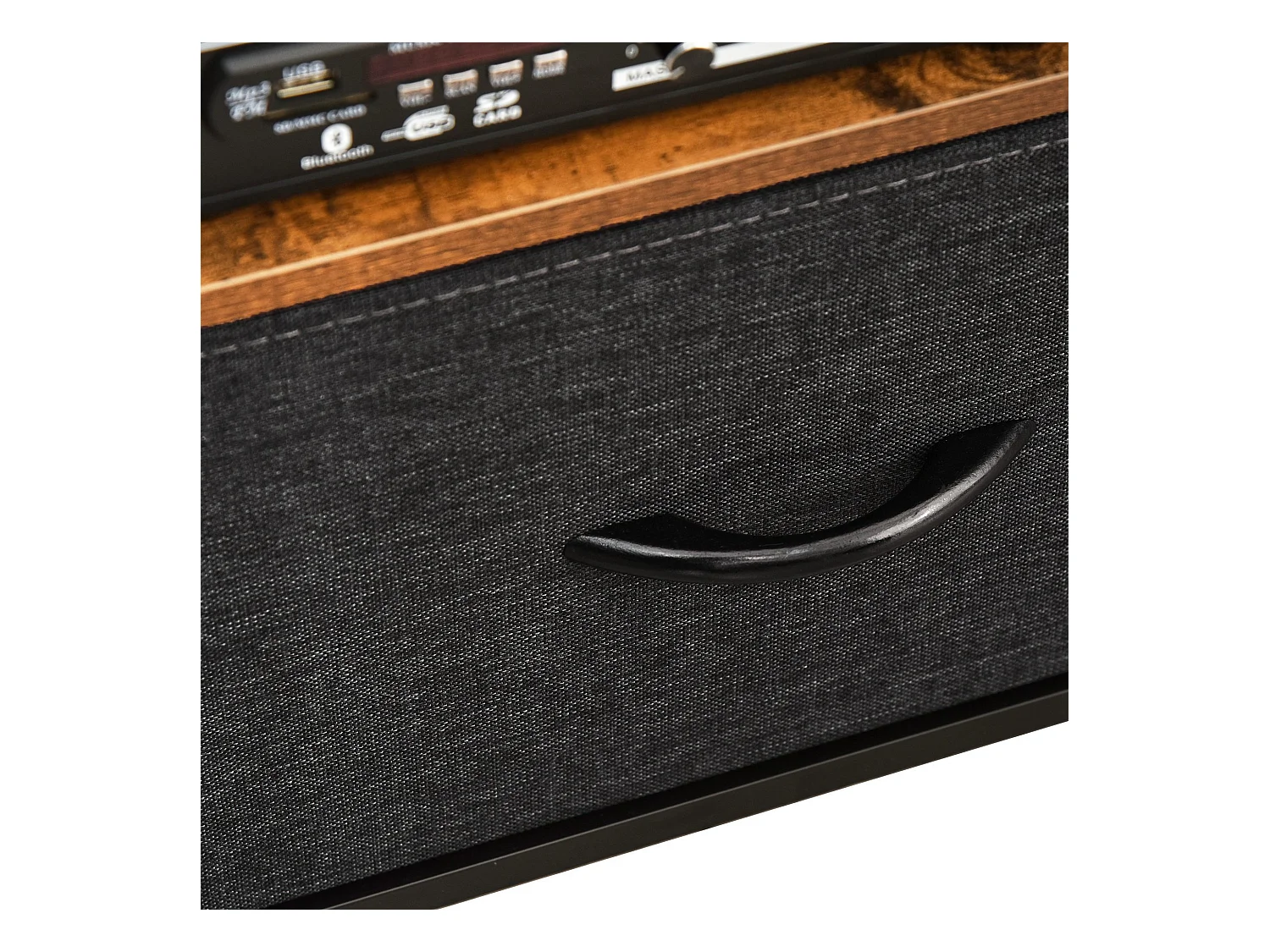 Meuble TV bas sur pieds style industriel 2 tiroirs tissu gris acier MDF noir bois vieilli