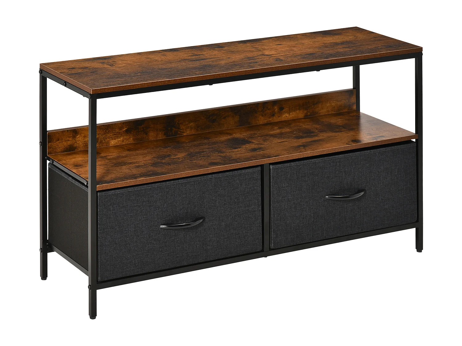 Meuble TV bas sur pieds style industriel 2 tiroirs tissu gris acier MDF noir bois vieilli