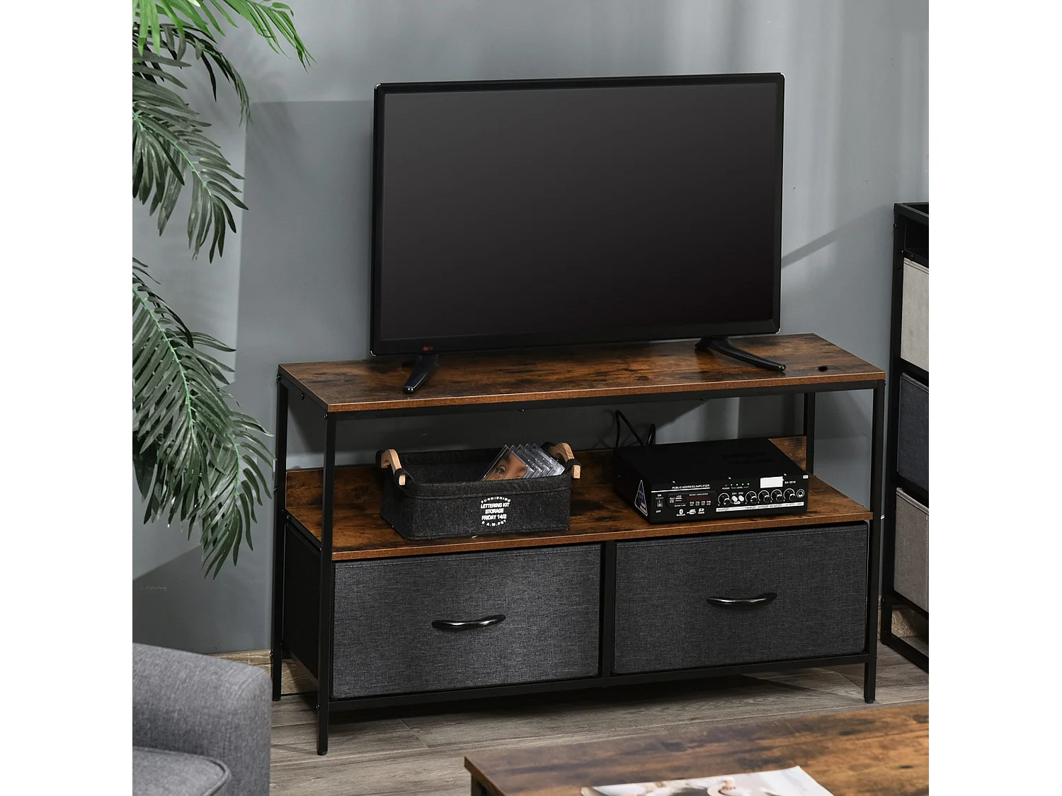 Meuble TV bas sur pieds style industriel 2 tiroirs tissu gris acier MDF noir bois vieilli