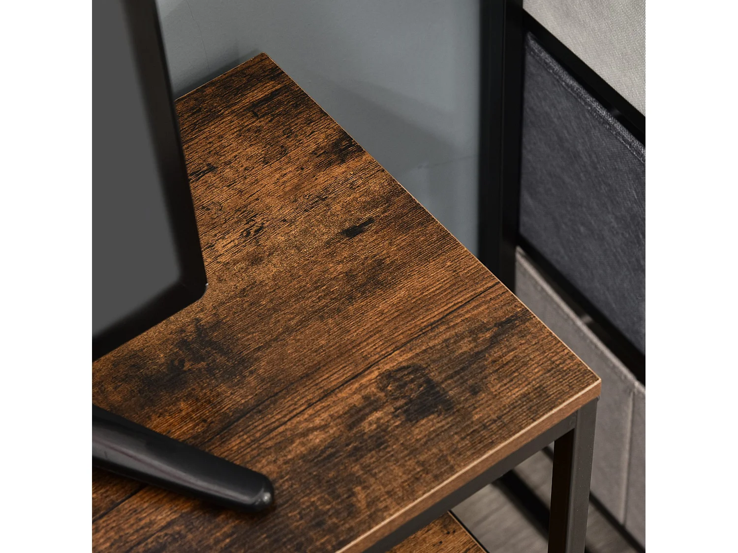 Meuble TV bas sur pieds style industriel 2 tiroirs tissu gris acier MDF noir bois vieilli