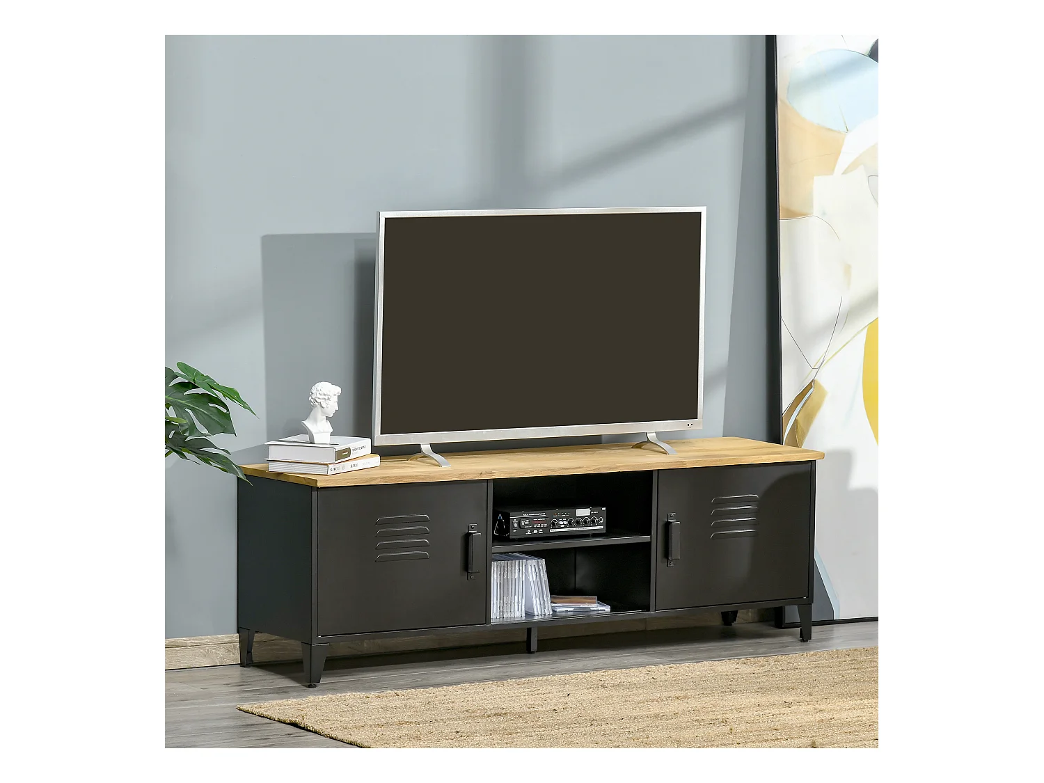 Meuble TV banc TV design industriel - 2 placards, 2 niches, 2 passe-fils - structure piètement tôle métal plateau bois d'hévéa