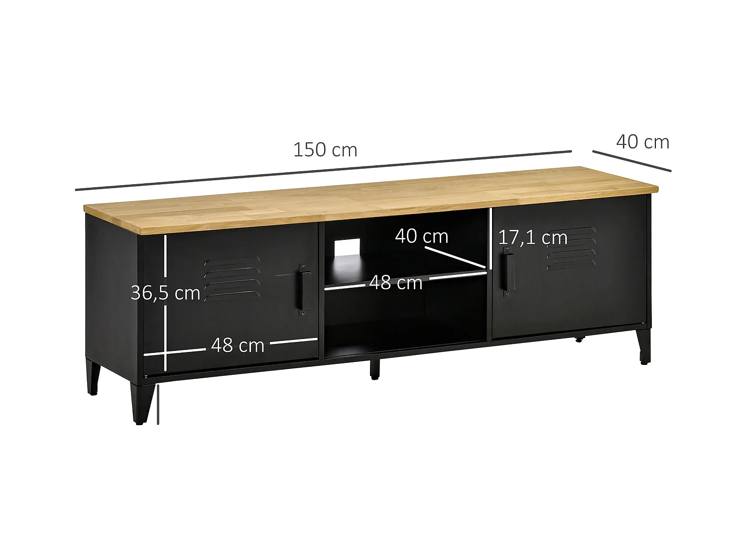 Meuble TV banc TV design industriel - 2 placards, 2 niches, 2 passe-fils - structure piètement tôle métal plateau bois d'hévéa