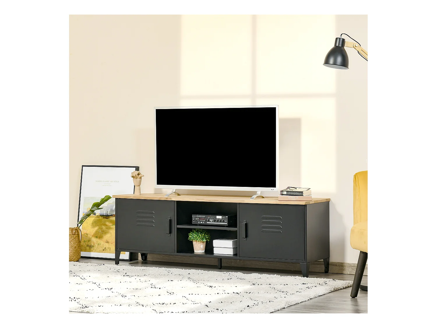 Meuble TV banc TV design industriel - 2 placards, 2 niches, 2 passe-fils - structure piètement tôle métal plateau bois d'hévéa