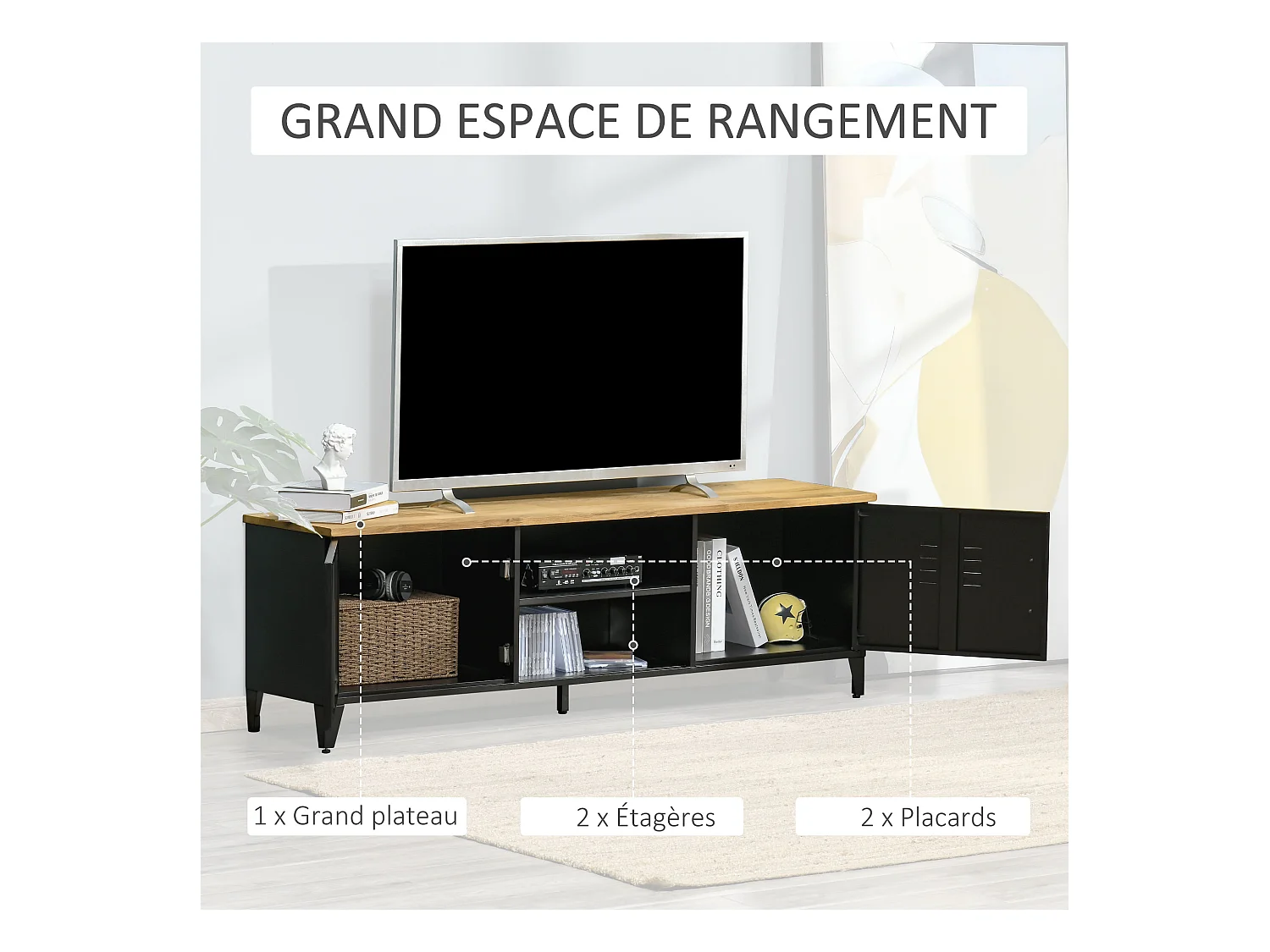Meuble TV banc TV design industriel - 2 placards, 2 niches, 2 passe-fils - structure piètement tôle métal plateau bois d'hévéa