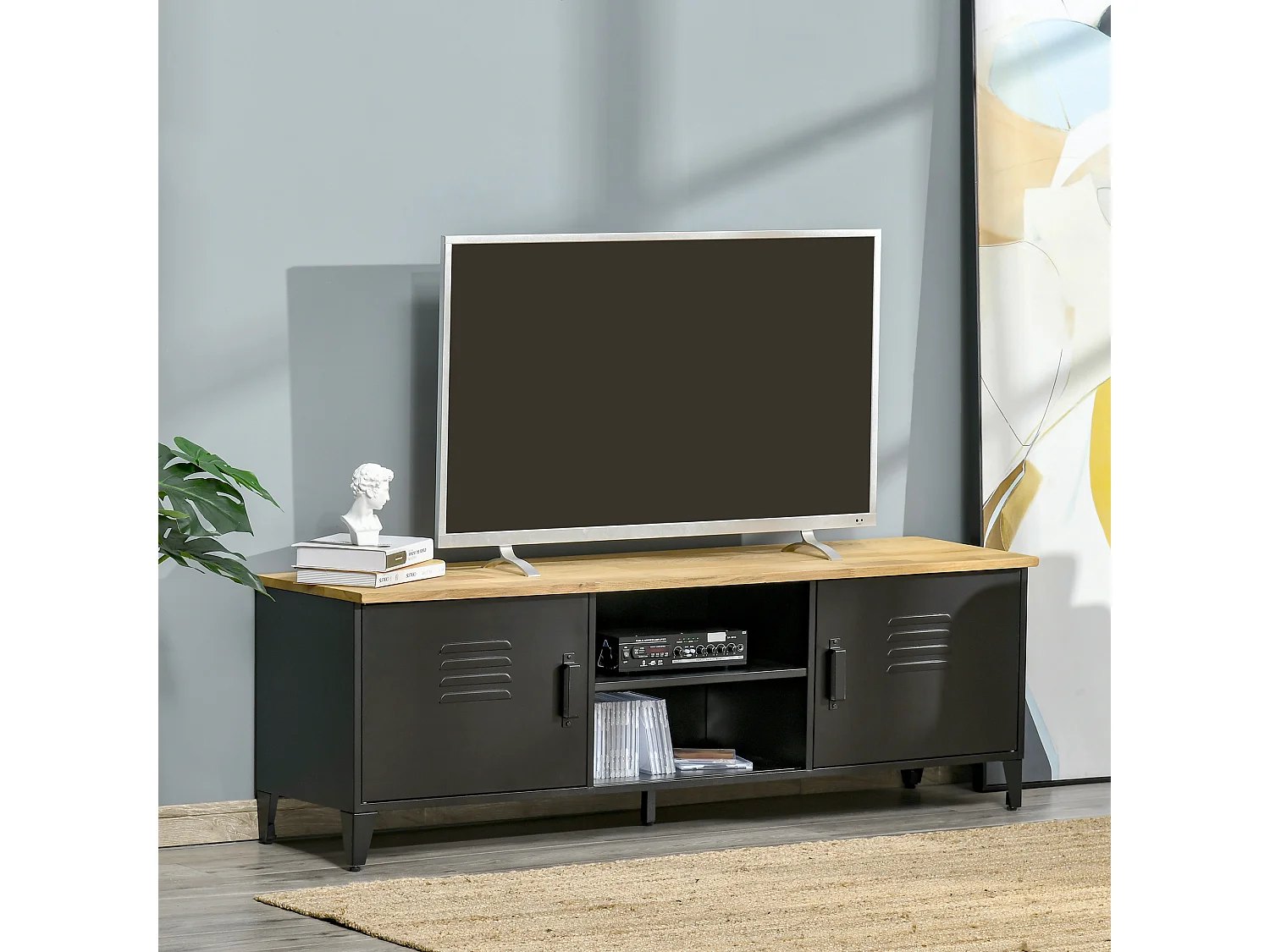 Meuble TV banc TV design industriel - 2 placards, 2 niches, 2 passe-fils - structure piètement tôle métal plateau bois d'hévéa