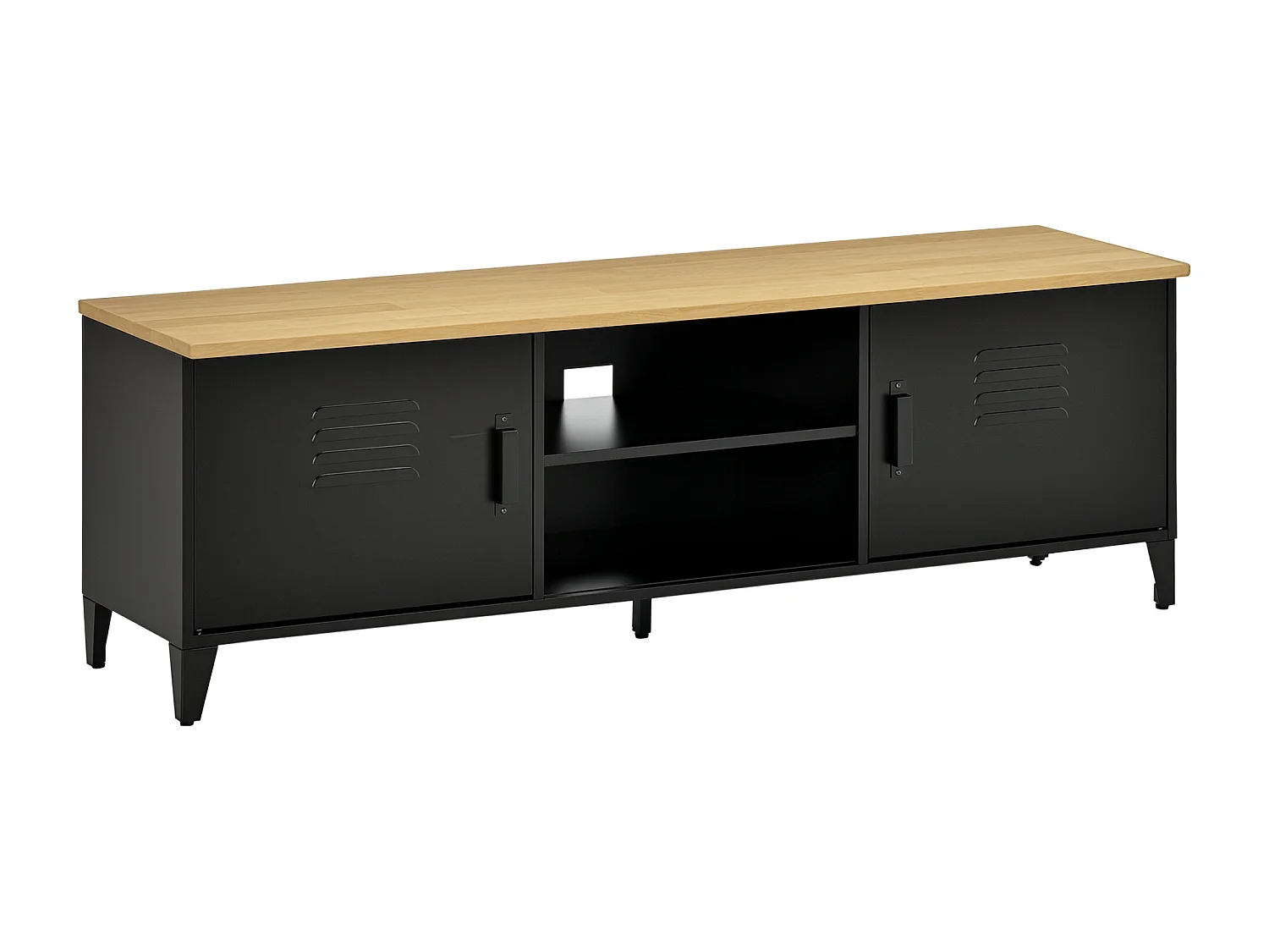 Meuble TV banc TV design industriel - 2 placards, 2 niches, 2 passe-fils - structure piètement tôle métal plateau bois d'hévéa