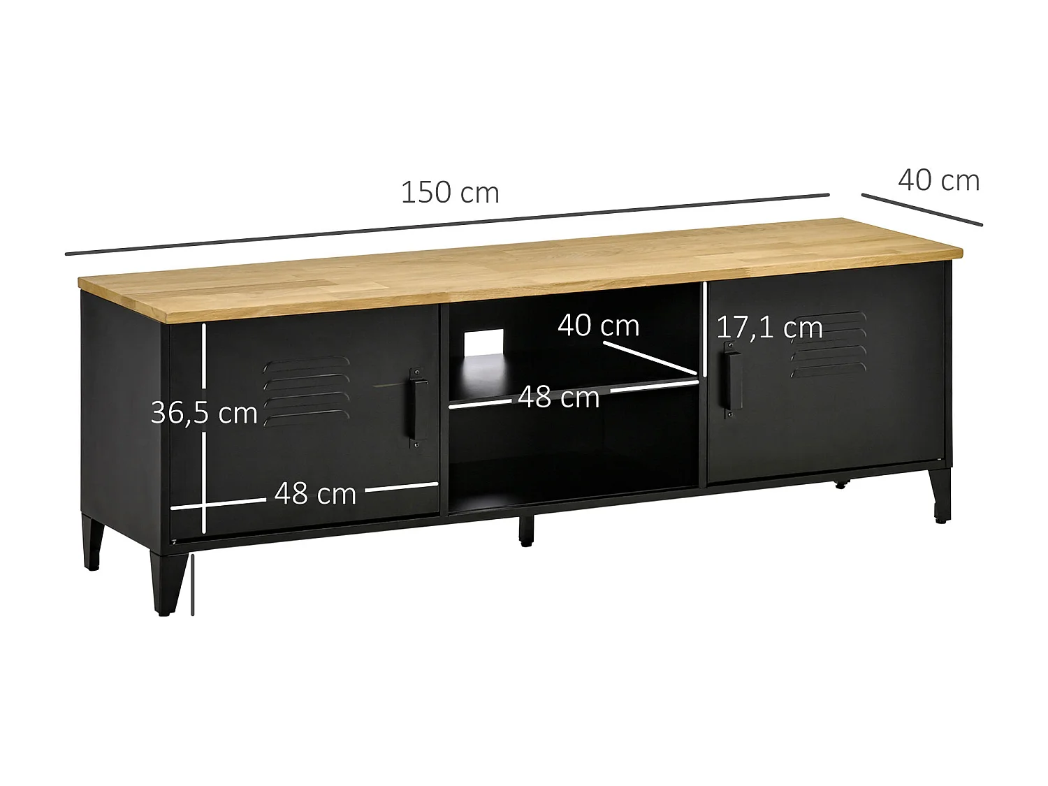 Meuble TV banc TV design industriel - 2 placards, 2 niches, 2 passe-fils - structure piètement tôle métal plateau bois d'hévéa