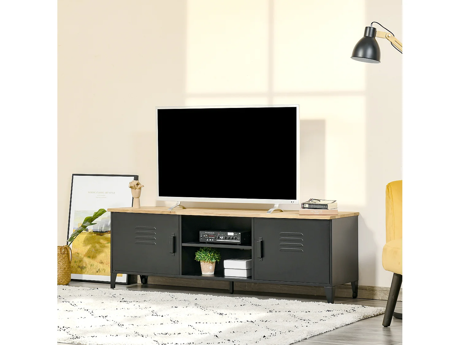 Meuble TV banc TV design industriel - 2 placards, 2 niches, 2 passe-fils - structure piètement tôle métal plateau bois d'hévéa