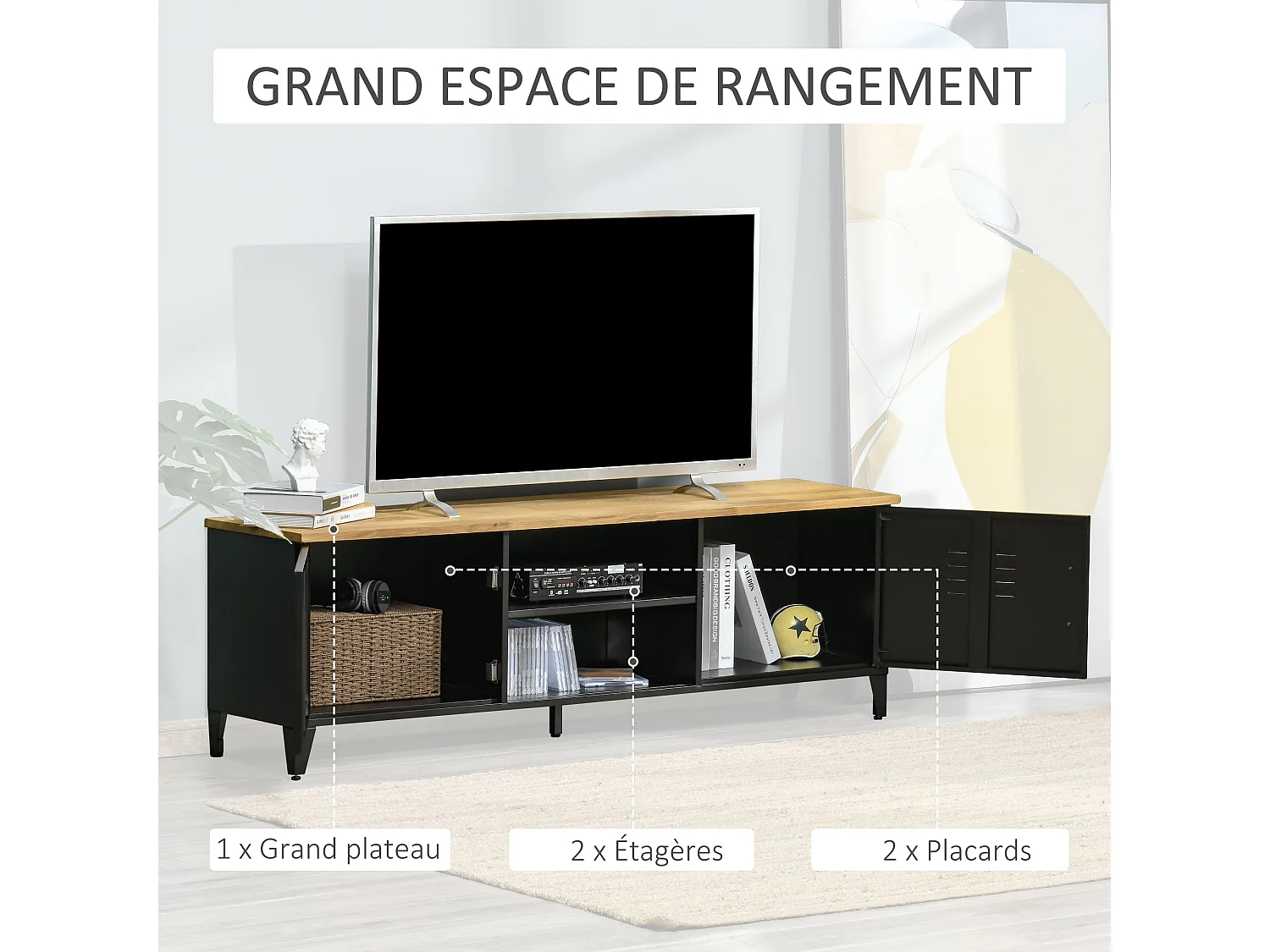 Meuble TV banc TV design industriel - 2 placards, 2 niches, 2 passe-fils - structure piètement tôle métal plateau bois d'hévéa