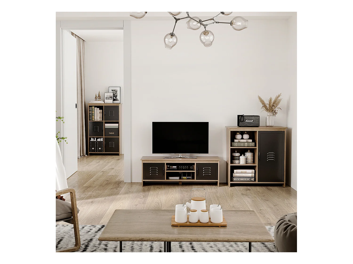 Meuble TV banc TV design industriel - 2 placards, 2 niches, 2 passe-fils - panneaux particules aspect bois veinage portes métal noir