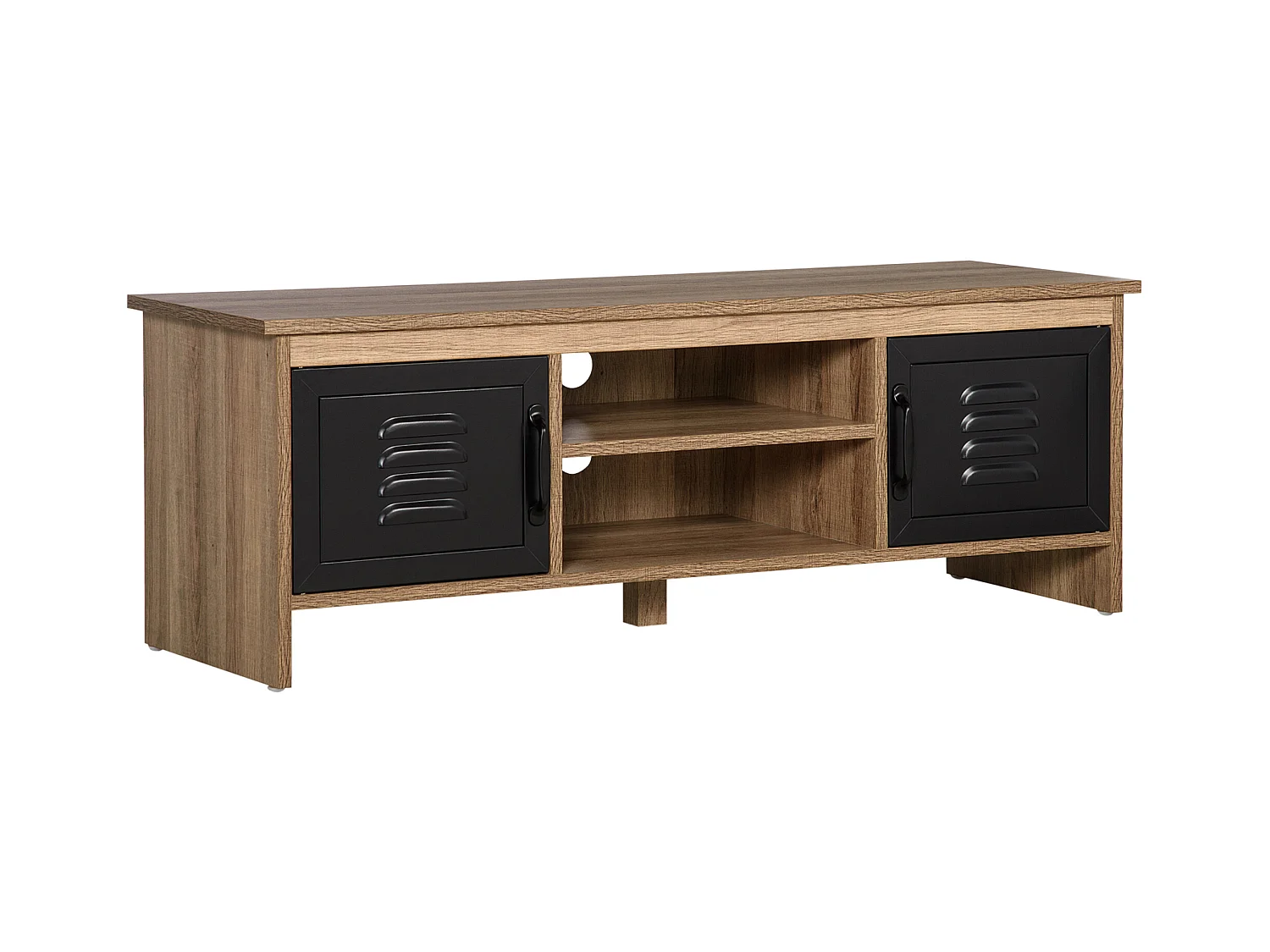 Meuble TV banc TV design industriel - 2 placards, 2 niches, 2 passe-fils - panneaux particules aspect bois veinage portes métal noir