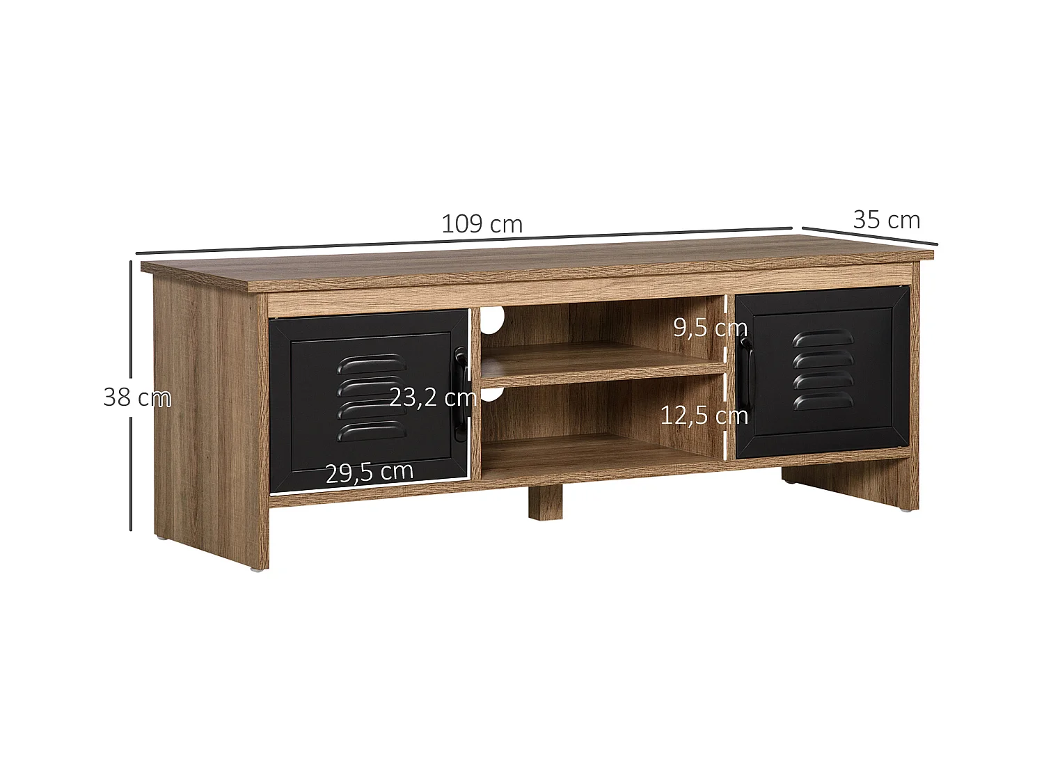 Meuble TV banc TV design industriel - 2 placards, 2 niches, 2 passe-fils - panneaux particules aspect bois veinage portes métal noir