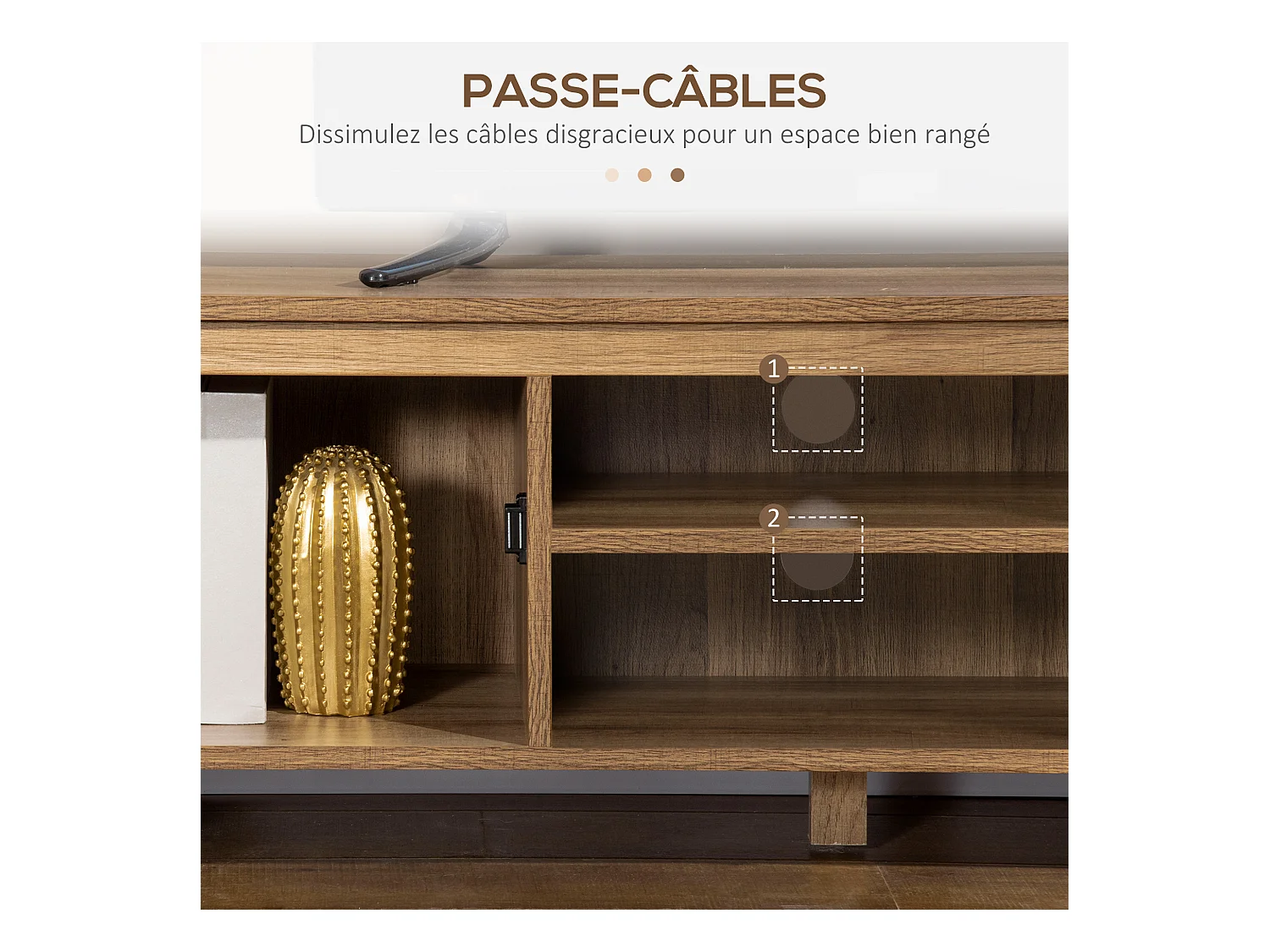 Meuble TV banc TV design industriel - 2 placards, 2 niches, 2 passe-fils - panneaux particules aspect bois veinage portes métal noir