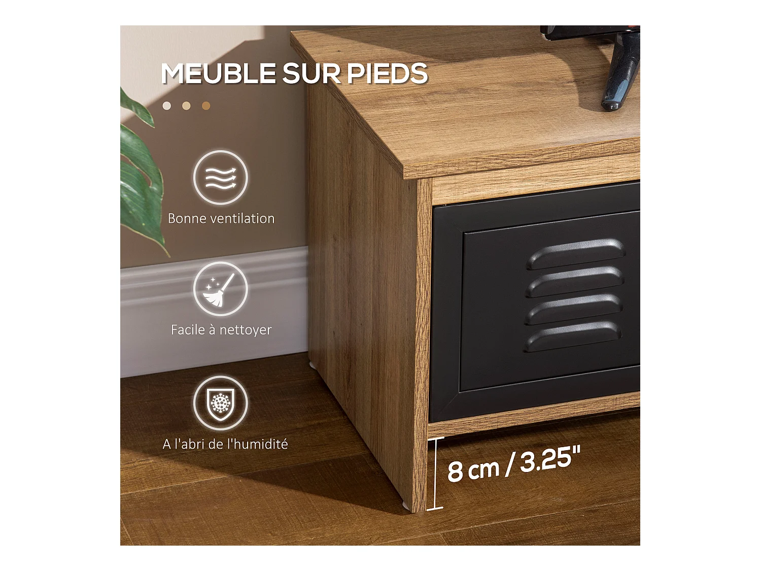 Meuble TV banc TV design industriel - 2 placards, 2 niches, 2 passe-fils - panneaux particules aspect bois veinage portes métal noir