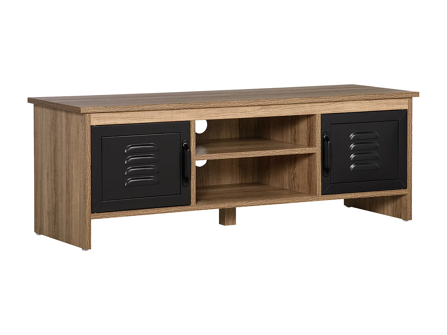 Meuble TV banc TV design industriel - 2 placards, 2 niches, 2 passe-fils - panneaux particules aspect bois veinage portes métal noir