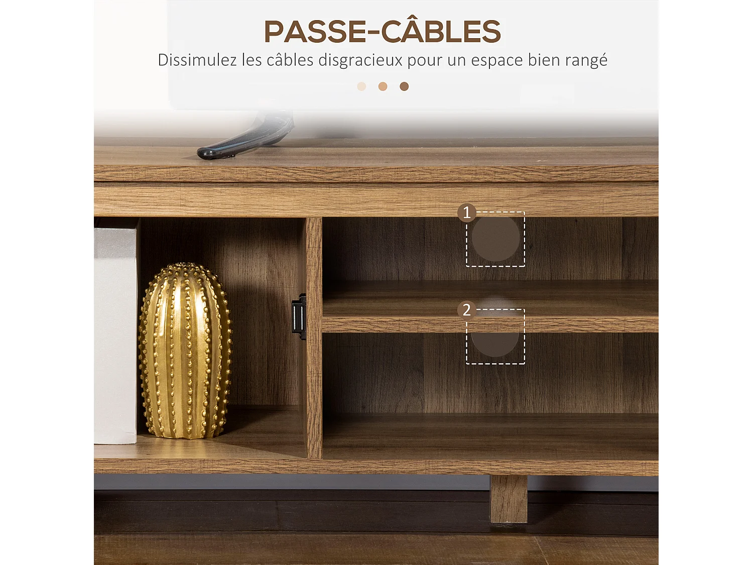 Meuble TV banc TV design industriel - 2 placards, 2 niches, 2 passe-fils - panneaux particules aspect bois veinage portes métal noir