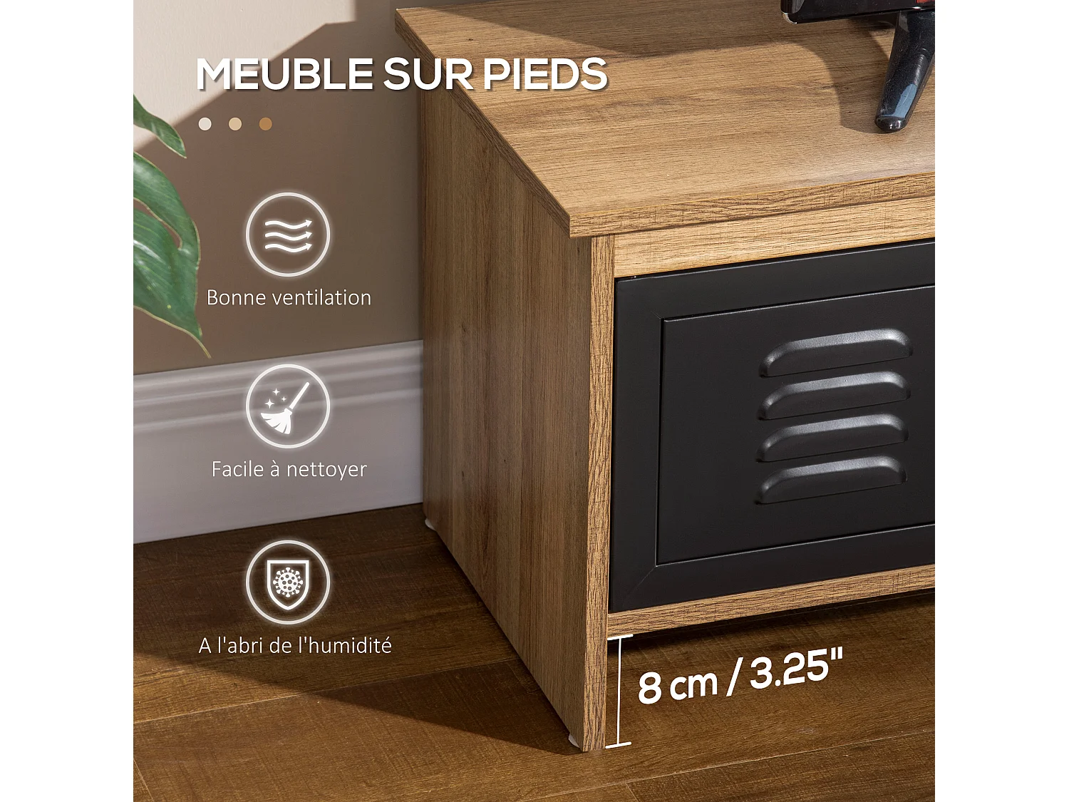 Meuble TV banc TV design industriel - 2 placards, 2 niches, 2 passe-fils - panneaux particules aspect bois veinage portes métal noir