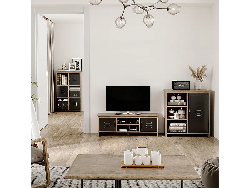 Meuble TV banc TV design industriel - 2 placards, 2 niches, 2 passe-fils - panneaux particules aspect bois veinage portes métal noir