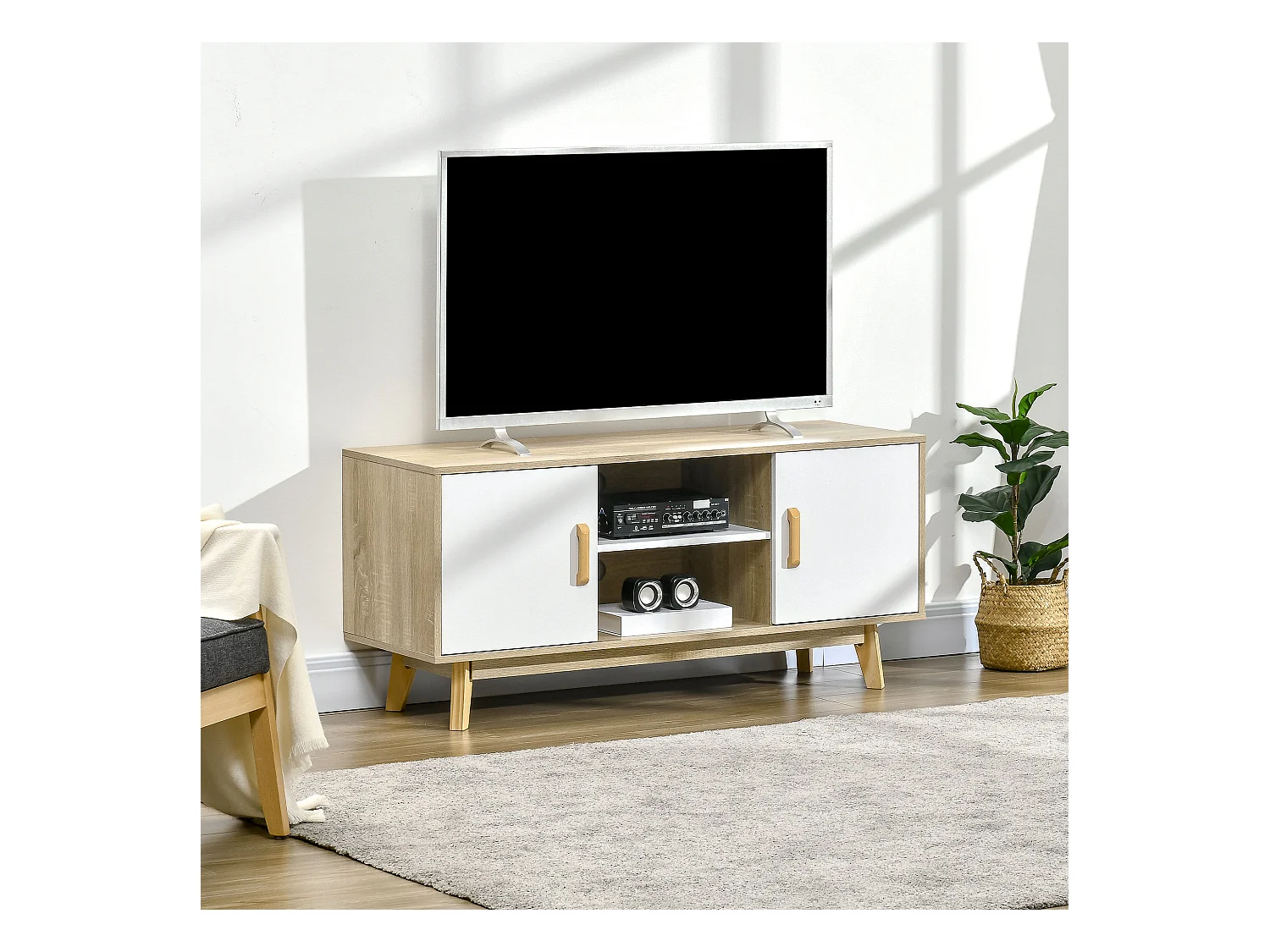 Meuble TV scandinave 2 placards 2 niches 2 passe-fils dim 120L x 40l x 55H cm aspect chêne clair blanc