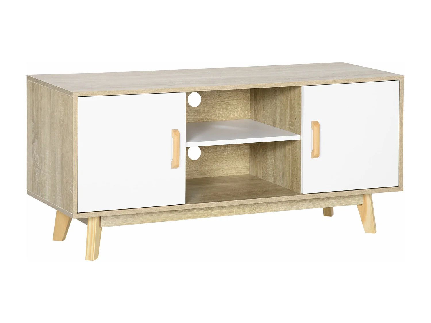 Meuble TV scandinave 2 placards 2 niches 2 passe-fils dim 120L x 40l x 55H cm aspect chêne clair blanc