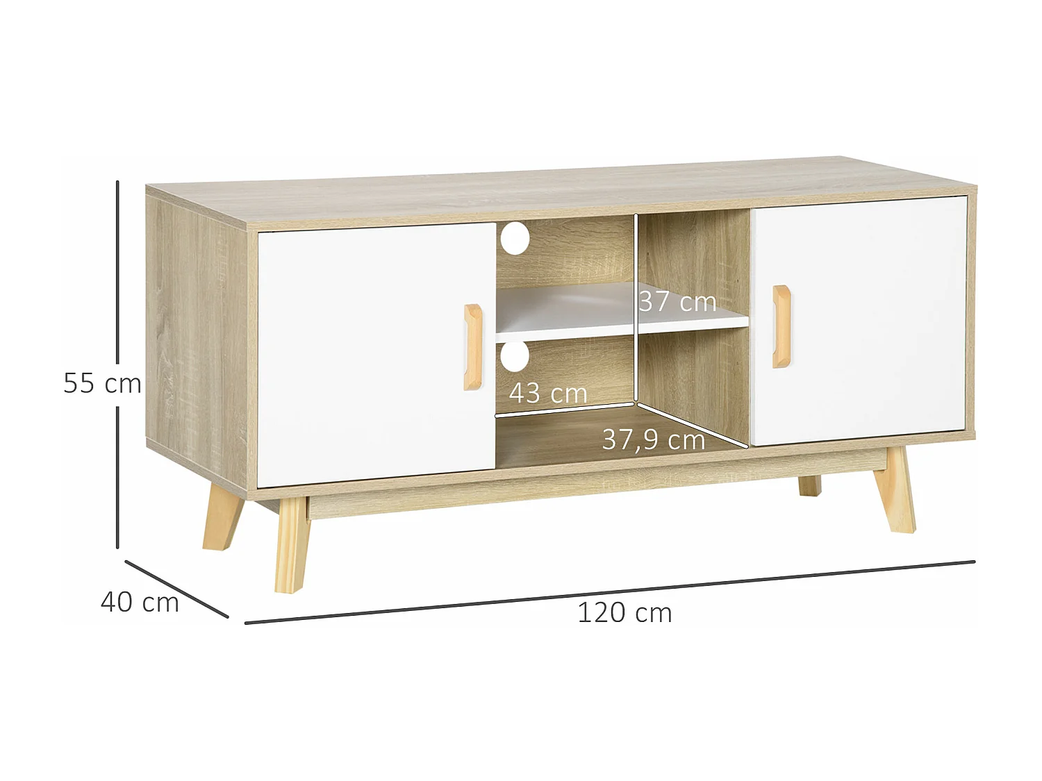 Meuble TV scandinave 2 placards 2 niches 2 passe-fils dim 120L x 40l x 55H cm aspect chêne clair blanc