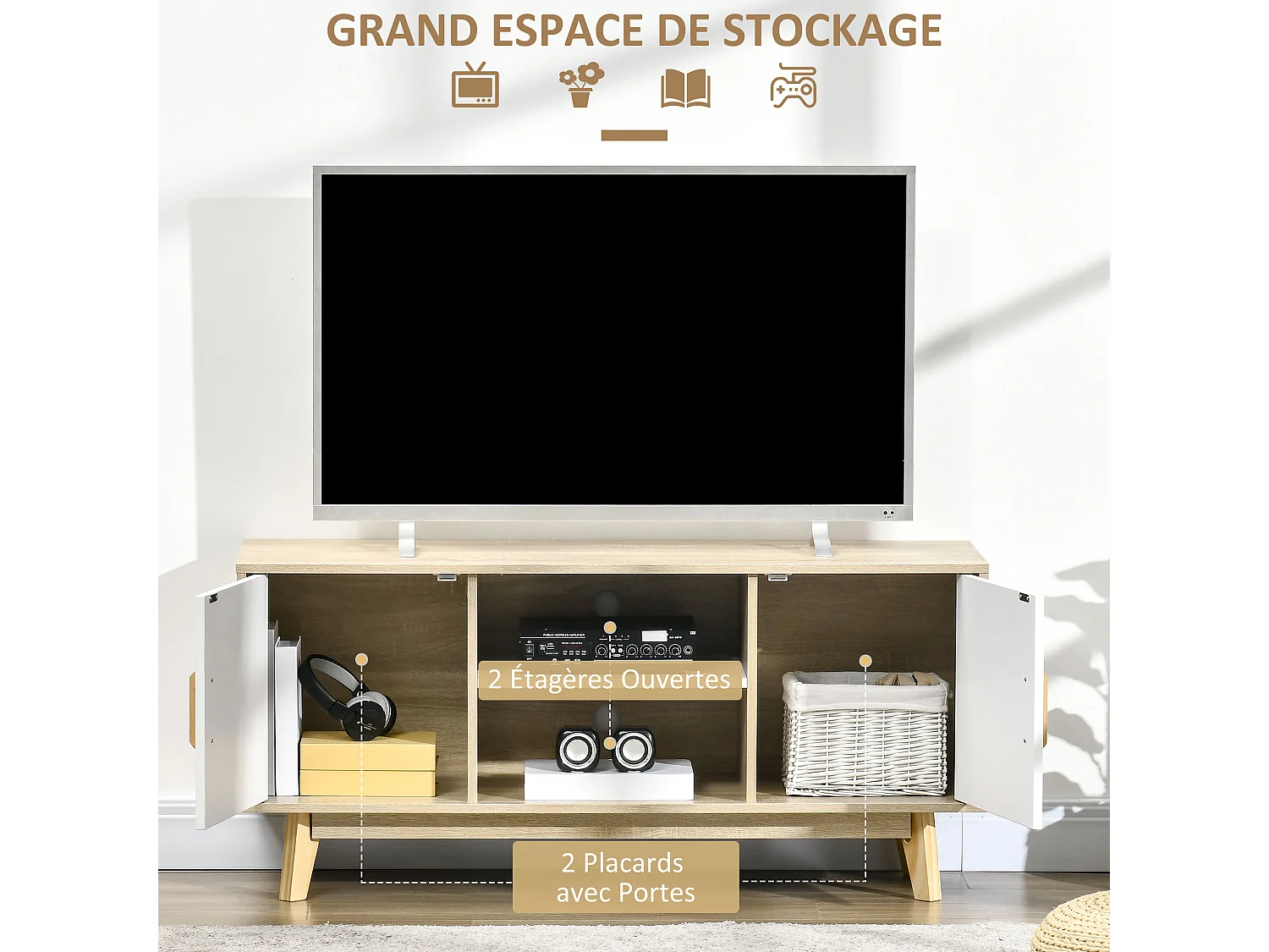 Meuble TV scandinave 2 placards 2 niches 2 passe-fils dim 120L x 40l x 55H cm aspect chêne clair blanc