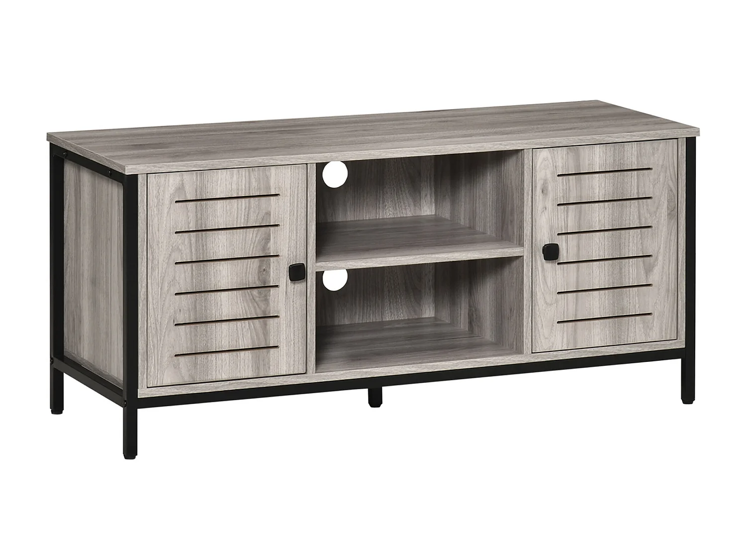 Meuble TV banc TV style contemporain - 2 niches, 2 portes, passe-câbles, grand plateau - dim. 110L x 40l x 50H cm - structure acier noir aspect bois gris