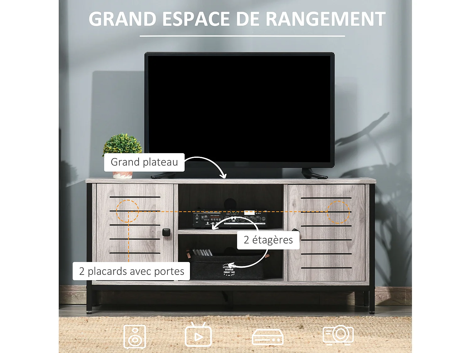 Meuble TV banc TV style contemporain - 2 niches, 2 portes, passe-câbles, grand plateau - dim. 110L x 40l x 50H cm - structure acier noir aspect bois gris