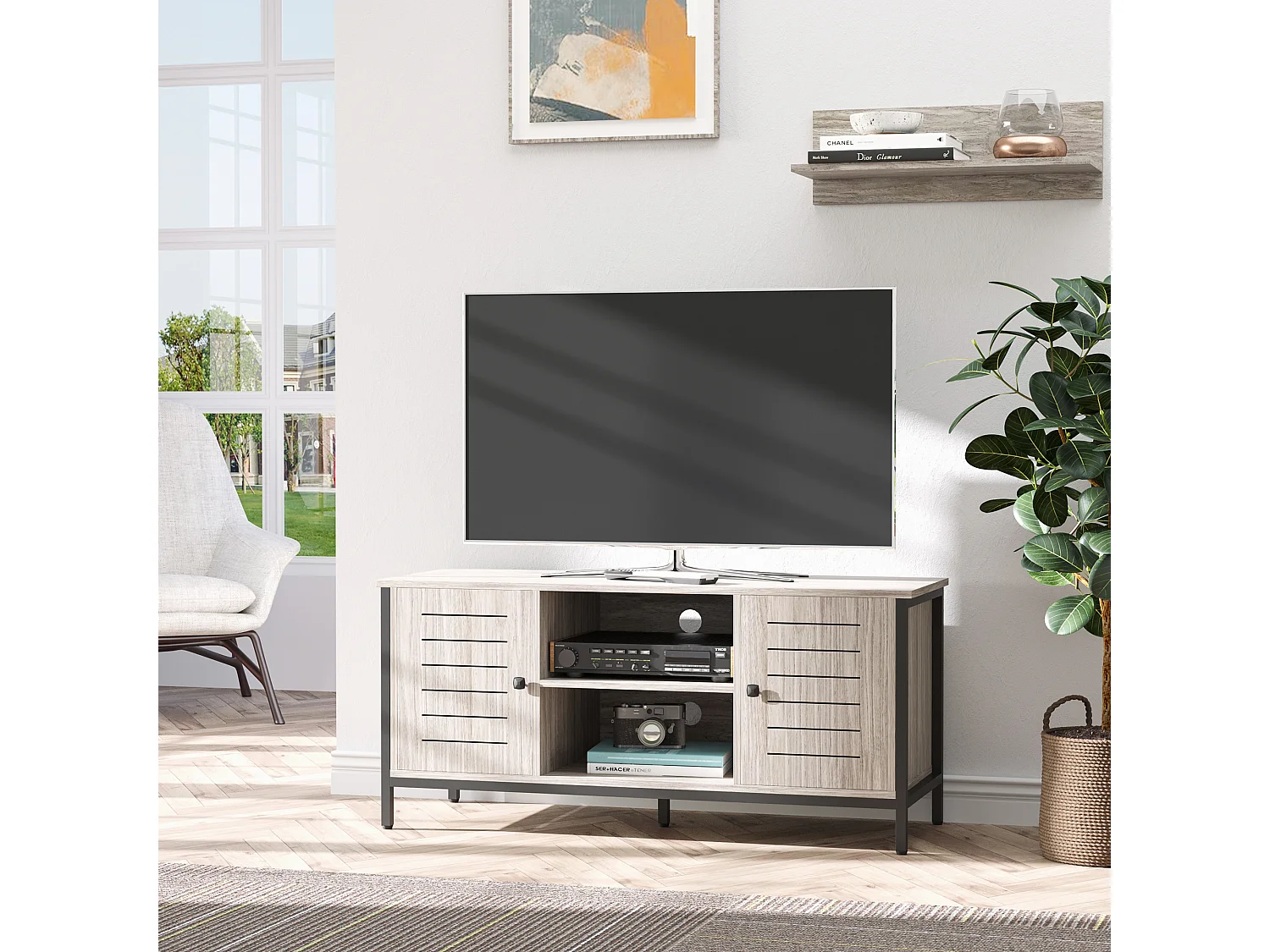 Meuble TV banc TV style contemporain - 2 niches, 2 portes, passe-câbles, grand plateau - dim. 110L x 40l x 50H cm - structure acier noir aspect bois gris