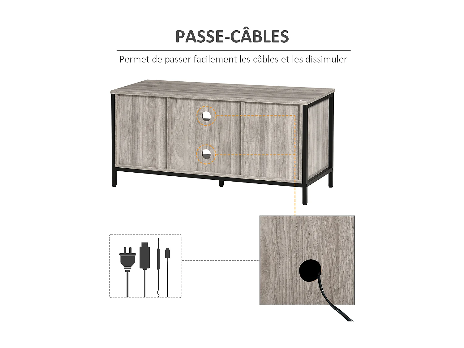 Meuble TV banc TV style contemporain - 2 niches, 2 portes, passe-câbles, grand plateau - dim. 110L x 40l x 50H cm - structure acier noir aspect bois gris