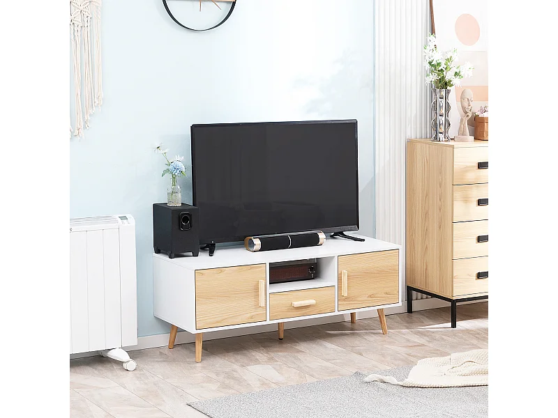 Meuble TV bas sur pied style scandinave 2 portes niche tiroir piètement effilé incliné bois panneaux blanc aspect bois clair