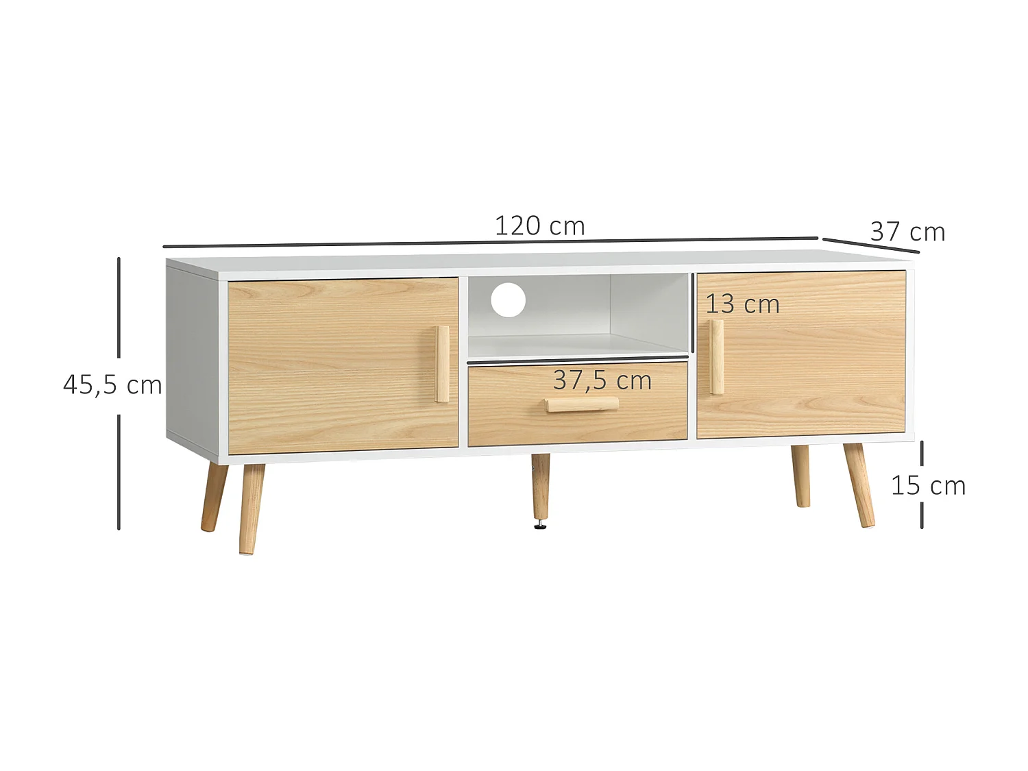 Meuble TV bas sur pied style scandinave 2 portes niche tiroir piètement effilé incliné bois panneaux blanc aspect bois clair