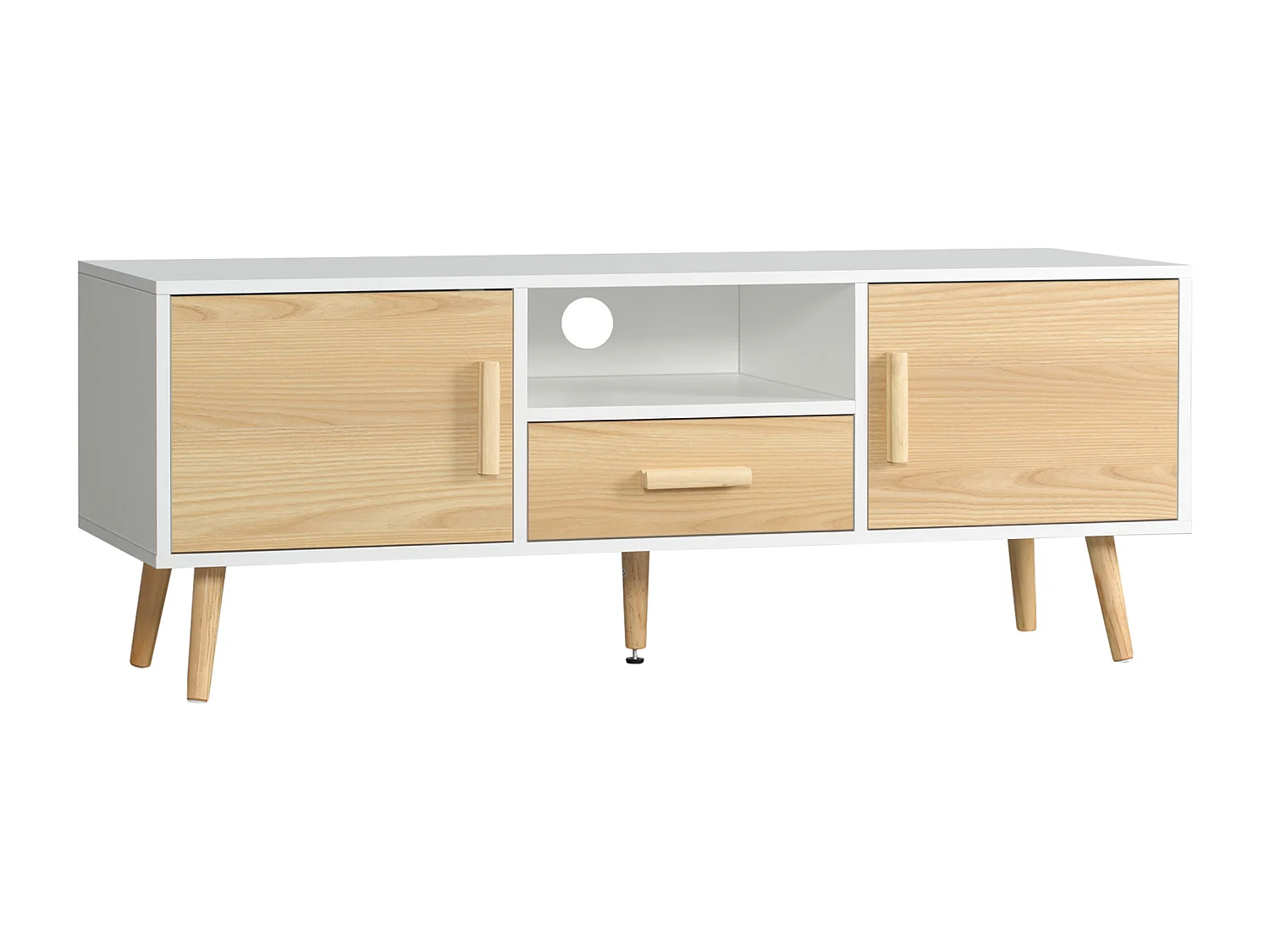 Meuble TV bas sur pied style scandinave 2 portes niche tiroir piètement effilé incliné bois panneaux blanc aspect bois clair