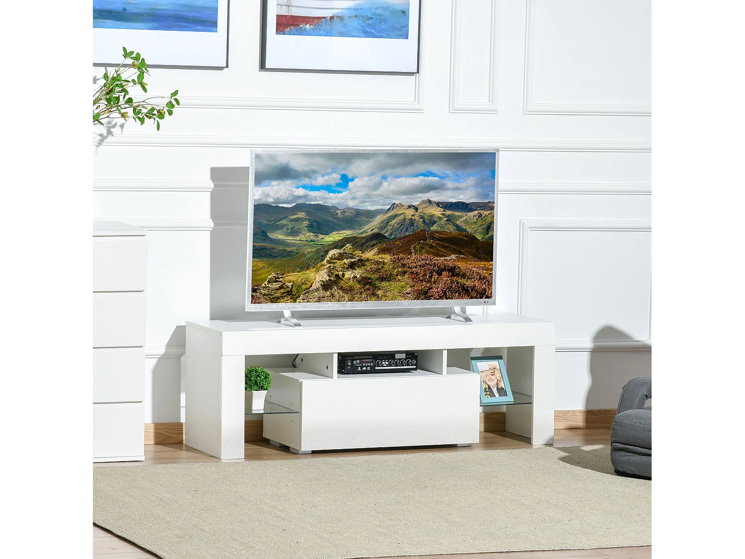 Meuble TV LED style contemporain - grand tiroir, niche, 2 étagères verre - panneaux particules MDF blanc laqué