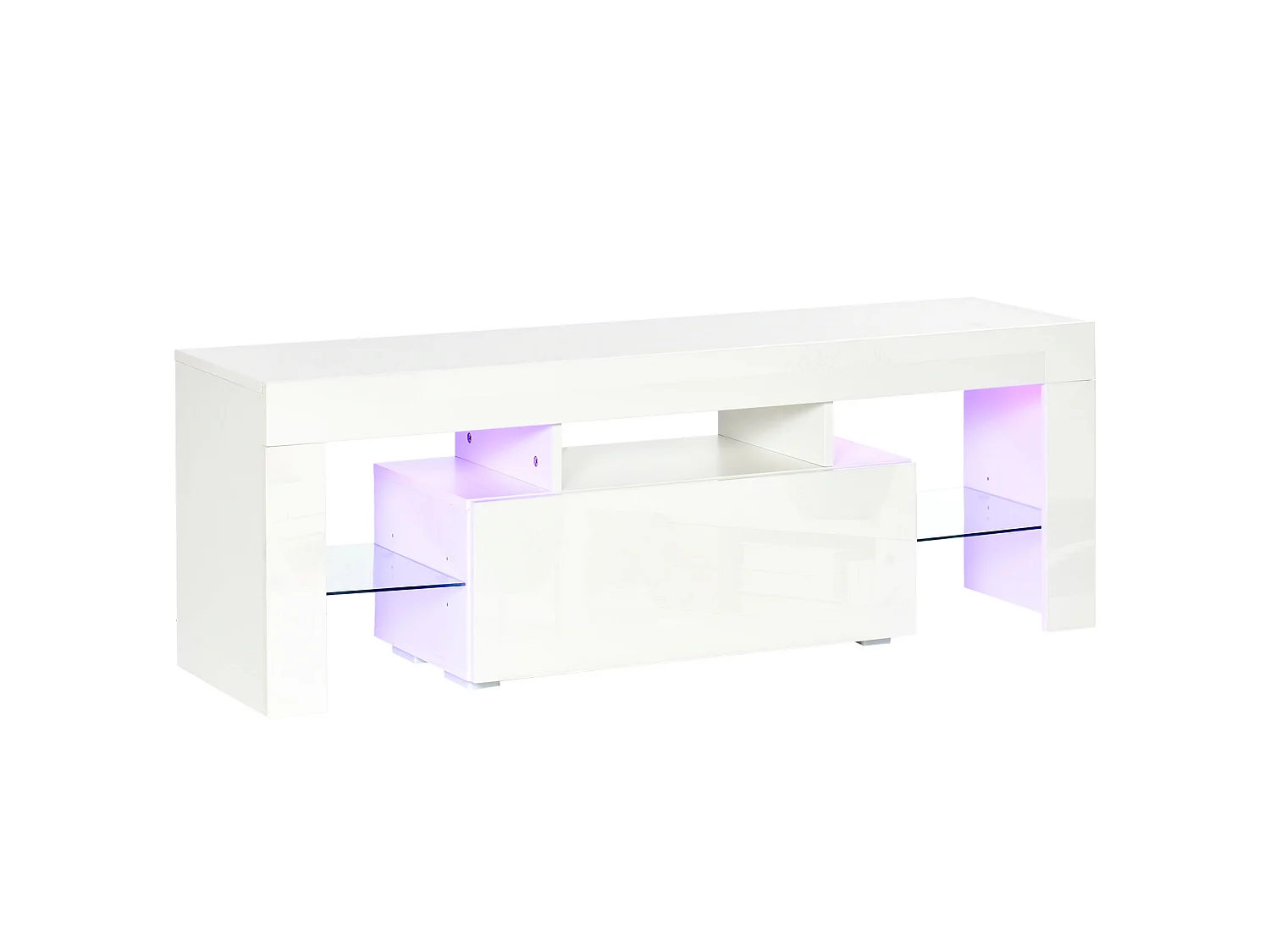 Meuble TV LED style contemporain - grand tiroir, niche, 2 étagères verre - panneaux particules MDF blanc laqué