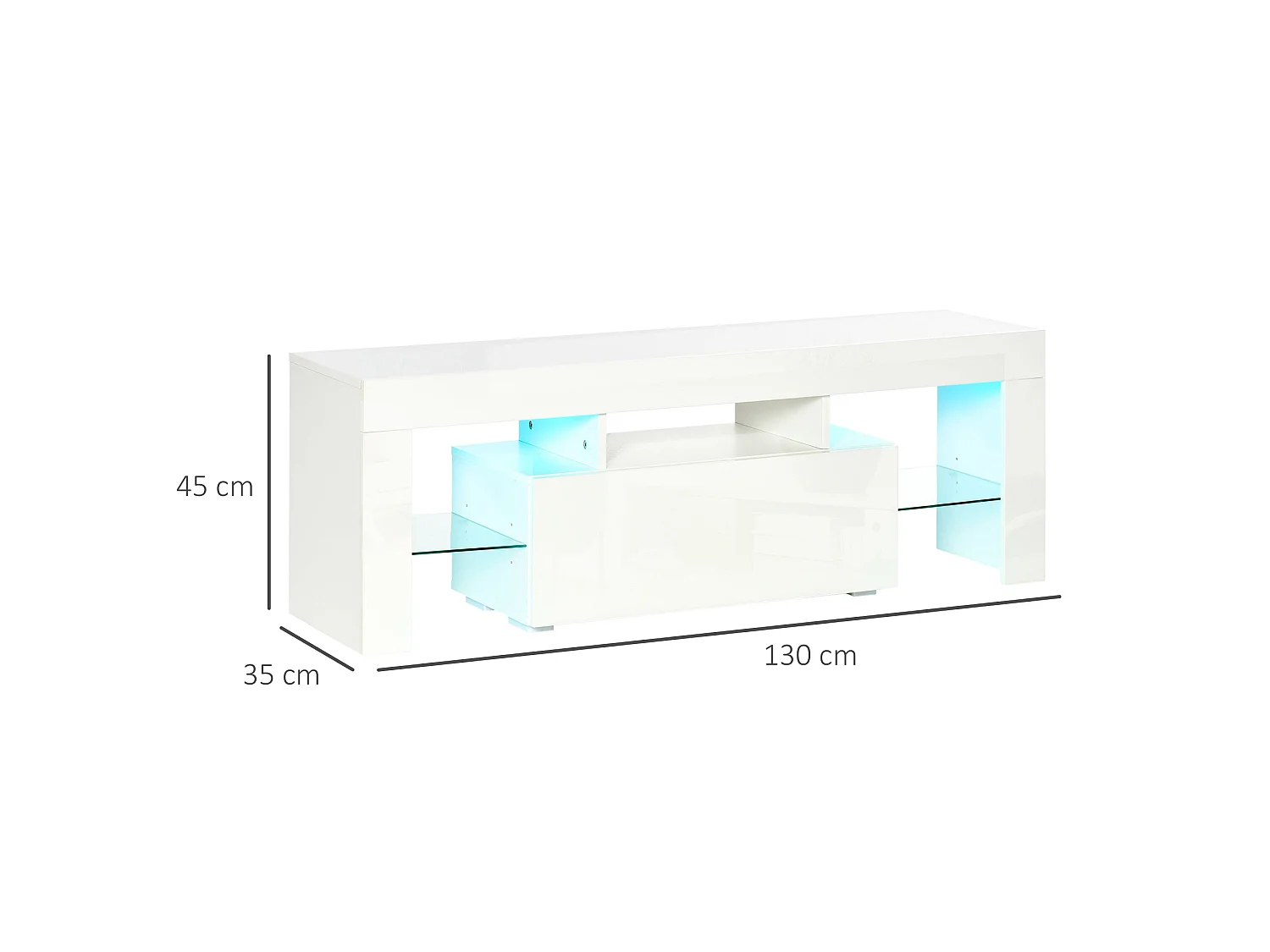 Meuble TV LED style contemporain - grand tiroir, niche, 2 étagères verre - panneaux particules MDF blanc laqué