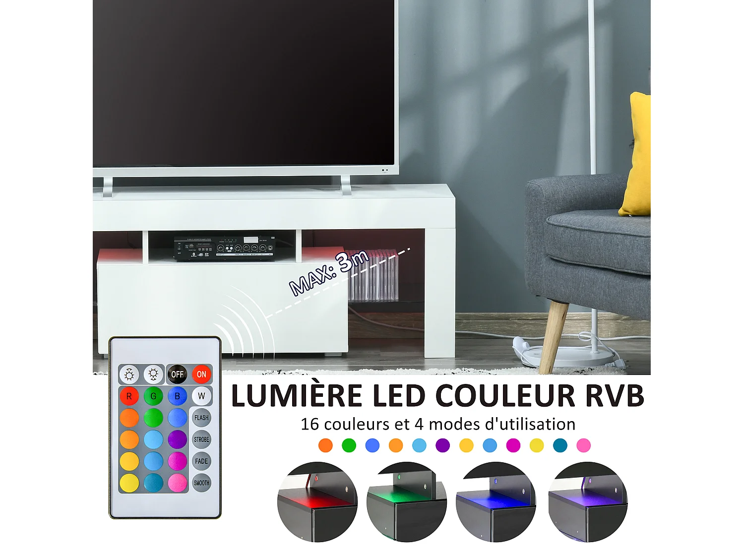 Meuble TV LED style contemporain - grand tiroir, niche, 2 étagères verre - panneaux particules MDF blanc laqué
