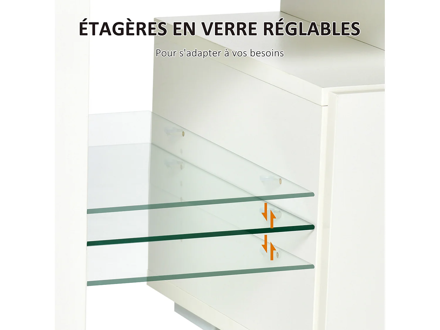 Meuble TV LED style contemporain - grand tiroir, niche, 2 étagères verre - panneaux particules MDF blanc laqué