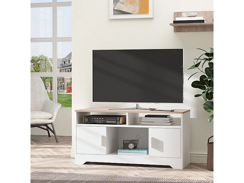 Meuble TV Banc TV en Bois Grand Espace de Rangement avec 2 Compartiments Ouverts 2 Armoires à Porte Une Armoire Ouverte 105 x 40 x 52 cm Blanc