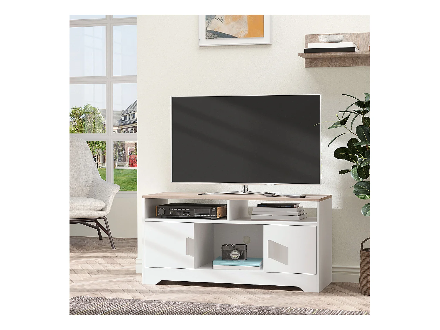 Meuble TV Banc TV en Bois Grand Espace de Rangement avec 2 Compartiments Ouverts 2 Armoires à Porte Une Armoire Ouverte 105 x 40 x 52 cm Blanc