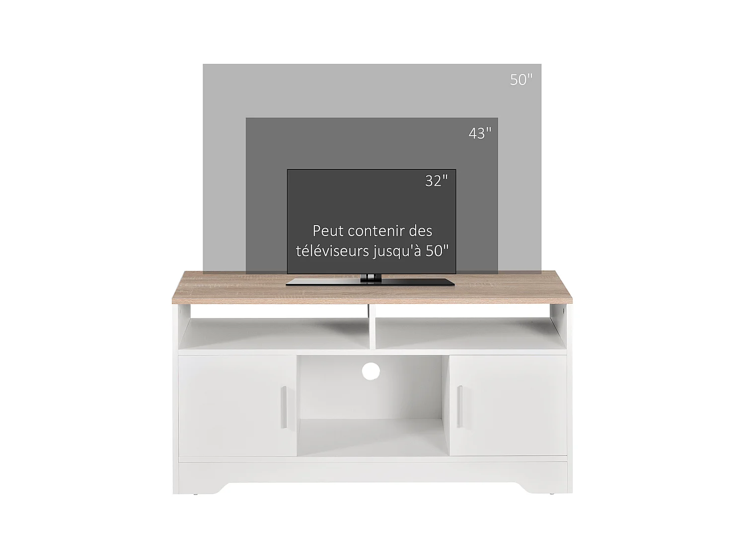 Meuble TV Banc TV en Bois Grand Espace de Rangement avec 2 Compartiments Ouverts 2 Armoires à Porte Une Armoire Ouverte 105 x 40 x 52 cm Blanc