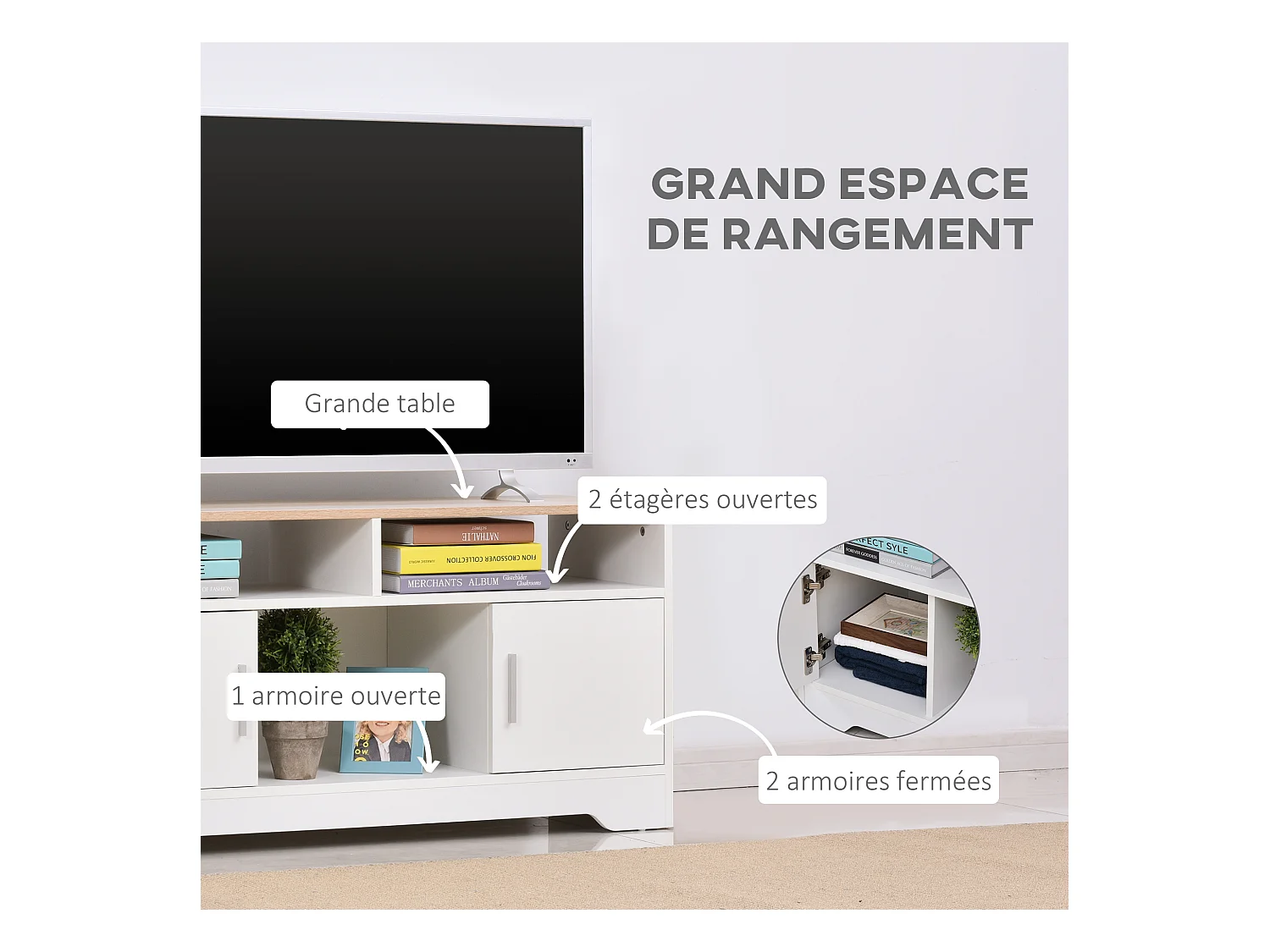 Meuble TV Banc TV en Bois Grand Espace de Rangement avec 2 Compartiments Ouverts 2 Armoires à Porte Une Armoire Ouverte 105 x 40 x 52 cm Blanc